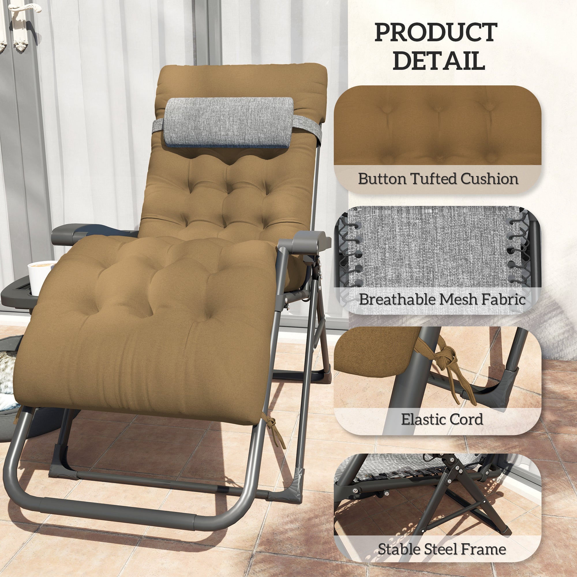 Padded Folding Recliner Chair, Patio Lounger with Cupholder, Adjustable Backrest, Removable Cushion, Light Khaki