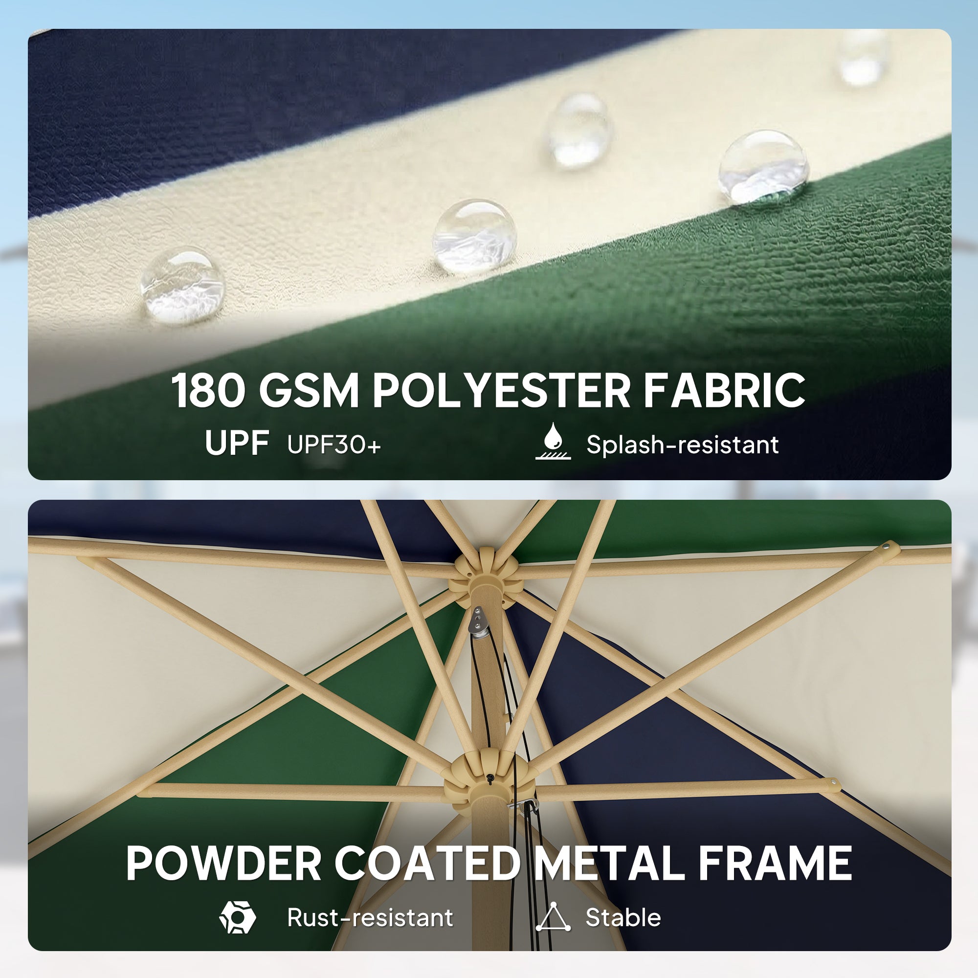 7.4 ft Patio Umbrella with Wood-Effect Frame, Colour-Blocked UPF 30+ Outdoor Market Table Umbrella Parasol, Dark Green