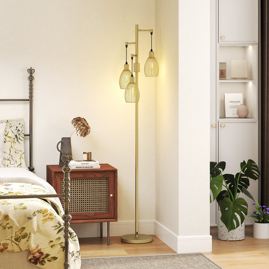 Industrial Floor Lamp with 3 Hanging Wire Lampshades, Dimmable Standing Lamp for Living Room, Gold