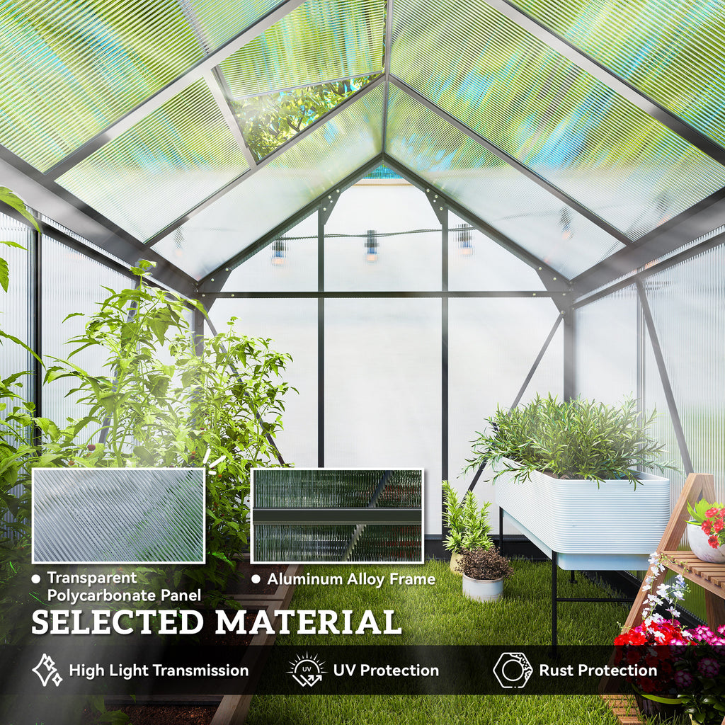 Patio Greenhouse with Rain Gutters, Rooftop Vent, Outdoor Greenhouse Kit, 6.2' x 6.3' x 6.6', Grey