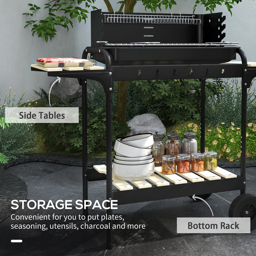 Charcoal Barbecue Grill with Adjustable Grill Height, Portable BBQ Trolley with Ash Catcher and Wheels, Black