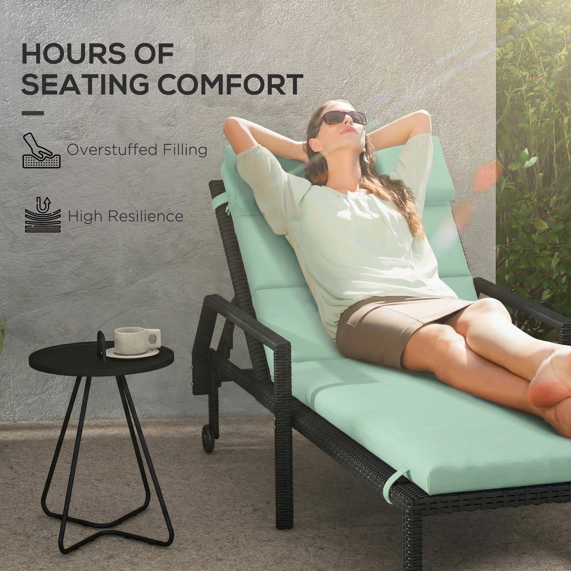 Patio Chaise Lounge Chair Cushion Replacement Sun Lounger Pad with Headrest and Ties, Green