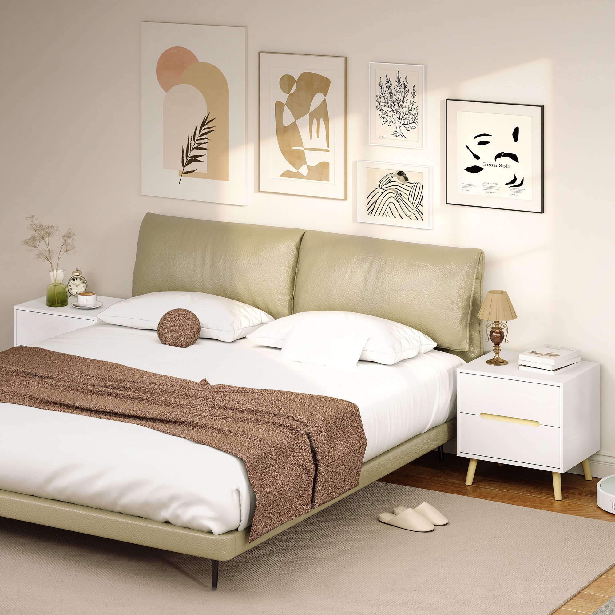 Nightstands Set of 2, Bedside Table with 2 Drawers, Modern Side End Table with Solid  Wood Legs for Bedroom, White