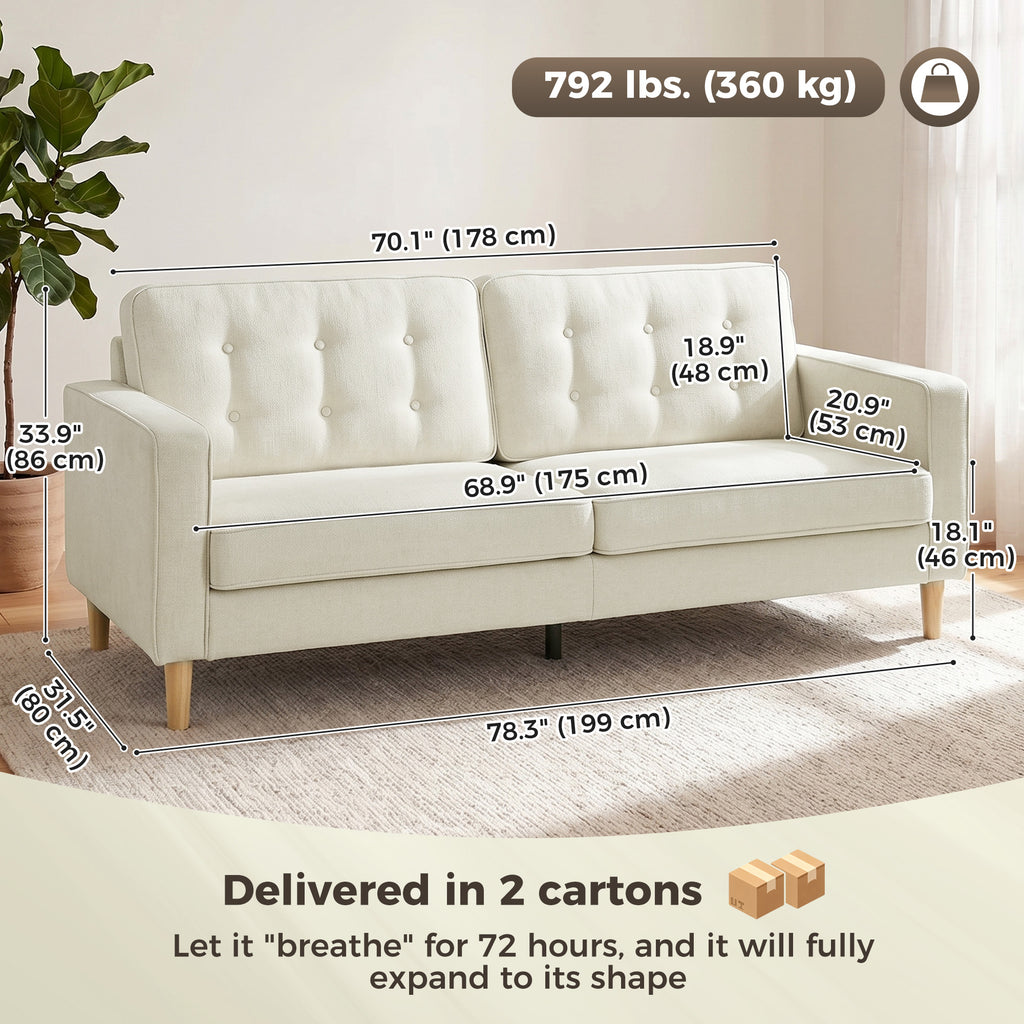 3 Seater Sofa Upholstered with Padded Cushion Modern Button Tufted Couch with Wood Legs, Cream White