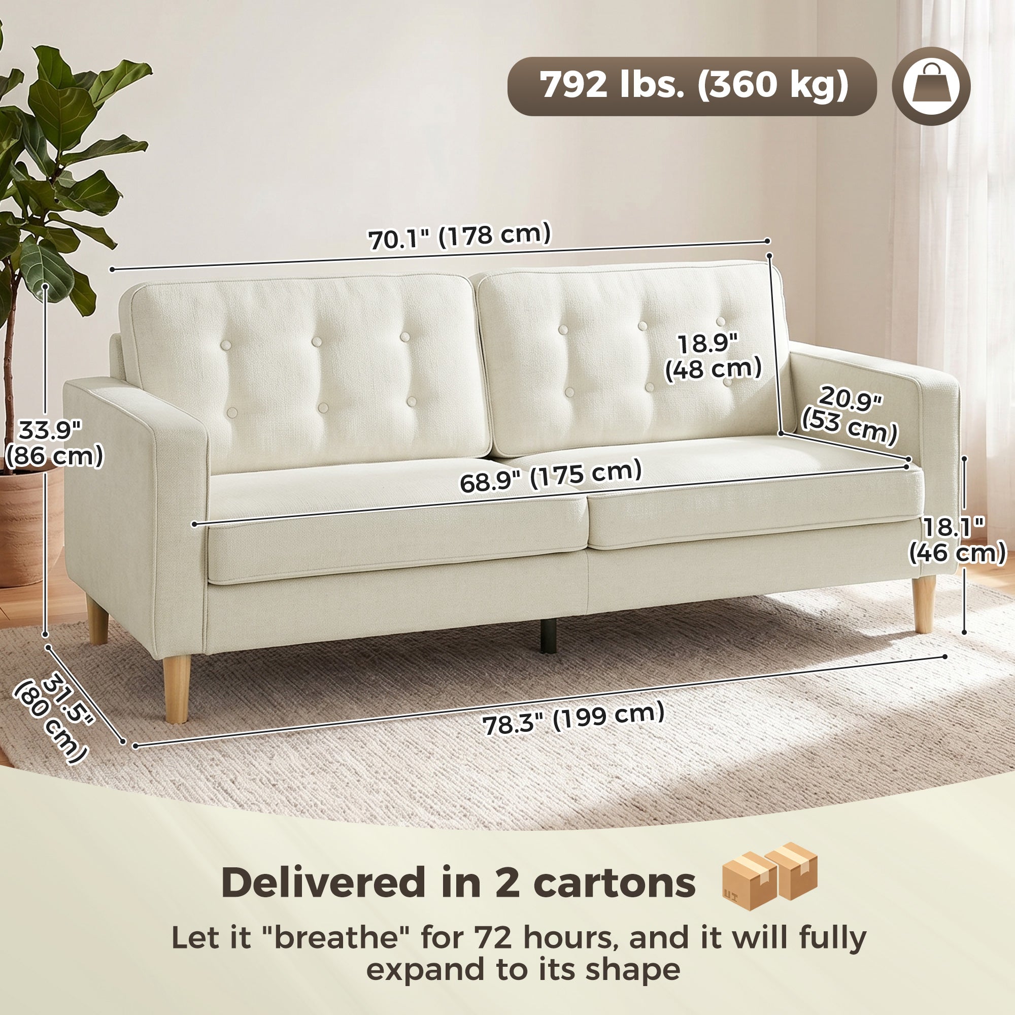 3 Seater Sofa Upholstered with Padded Cushion Modern Button Tufted Couch with Wood Legs, Cream White