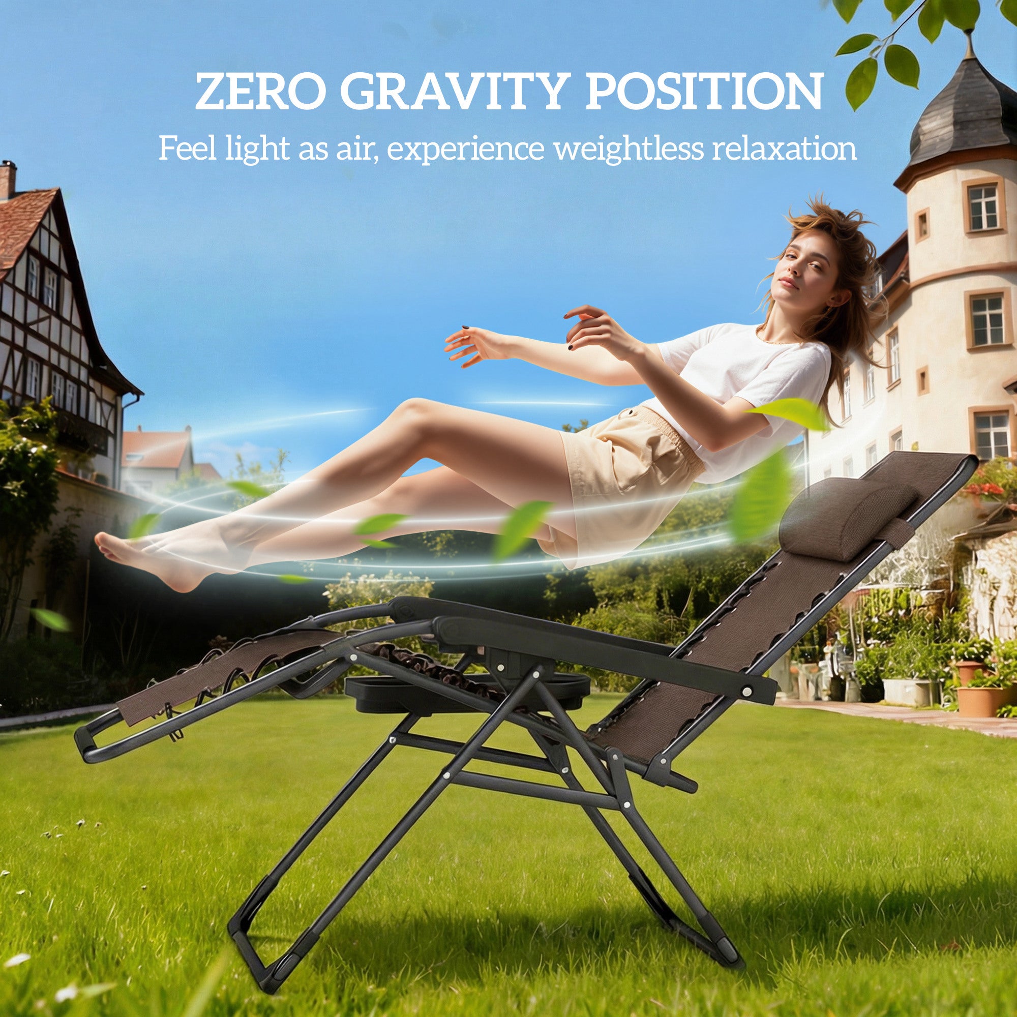 Zero Gravity Chair Set of 2, Folding Reclining Outdoor Lounge Chair with Cup Holder, Headrest, Brown
