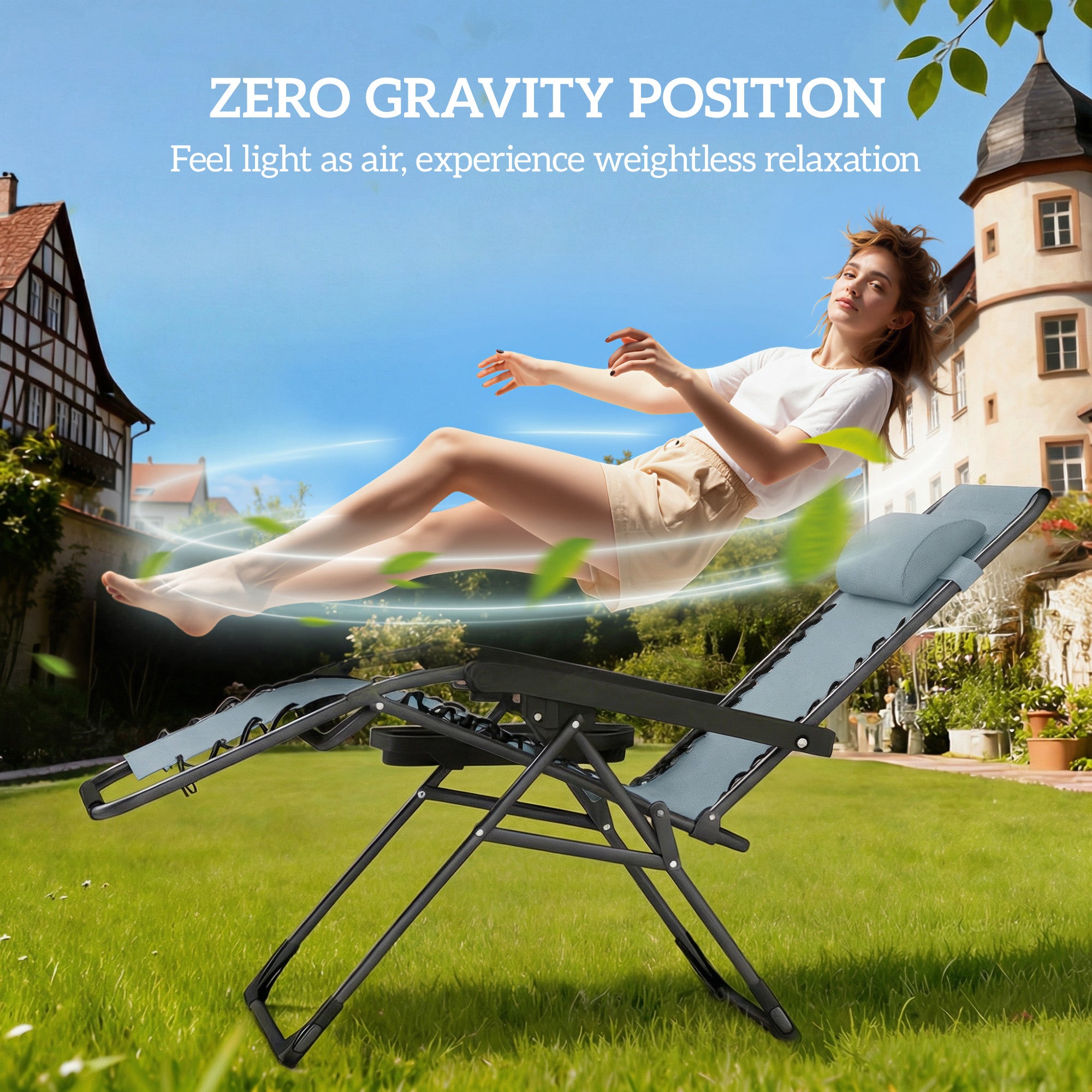Zero Gravity Chair Set of 2, Folding Reclining Outdoor Lounge Chair with Cup Holder, Headrest, Light Grey