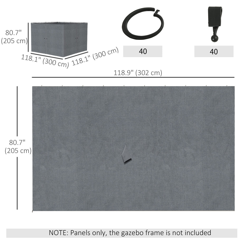 Gazebo Curtains, 10' x 10' Universal Replacement Privacy Curtain, 4-Panels Sidewall with Hooks/C-Rings, Slate Grey