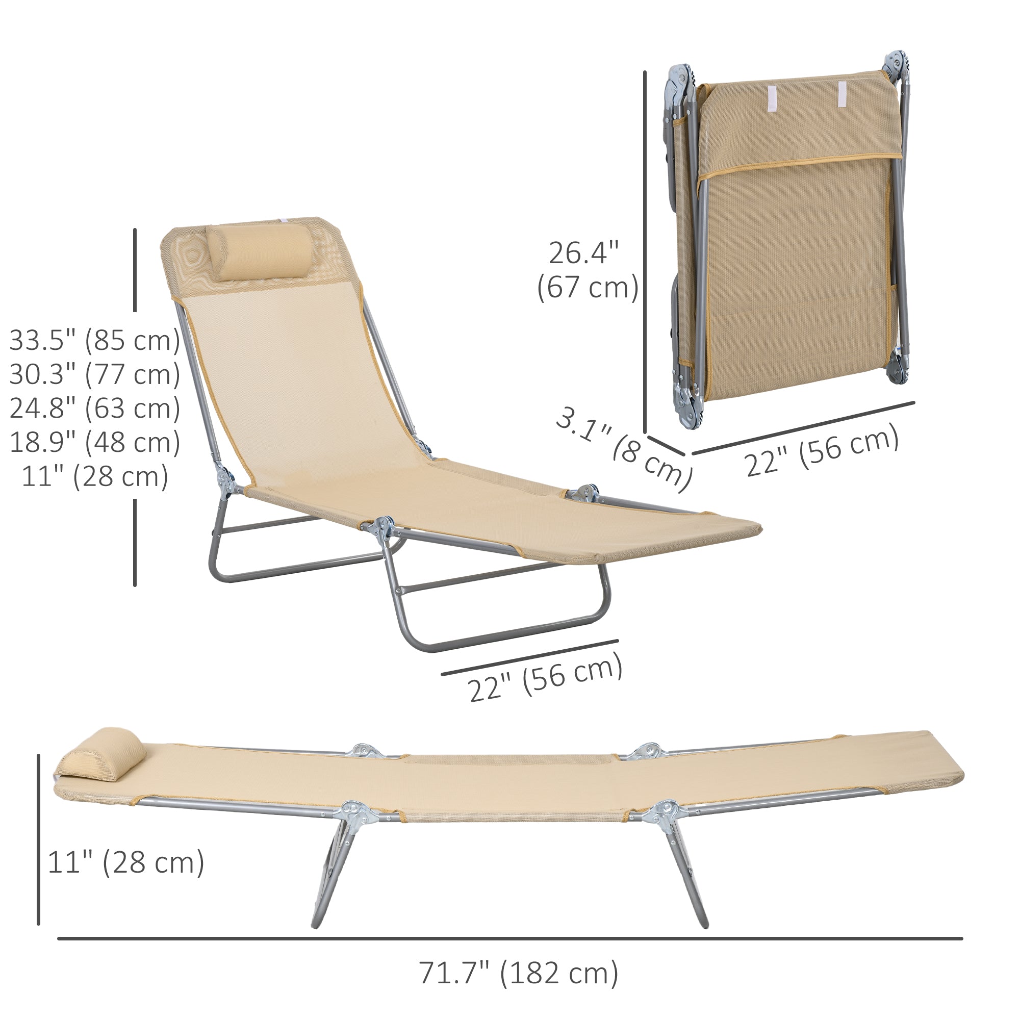Folding Outdoor Lounge Chair Set of 2, Reclining Tanning Chair with 5-Position Adjustable Backrest, Brown