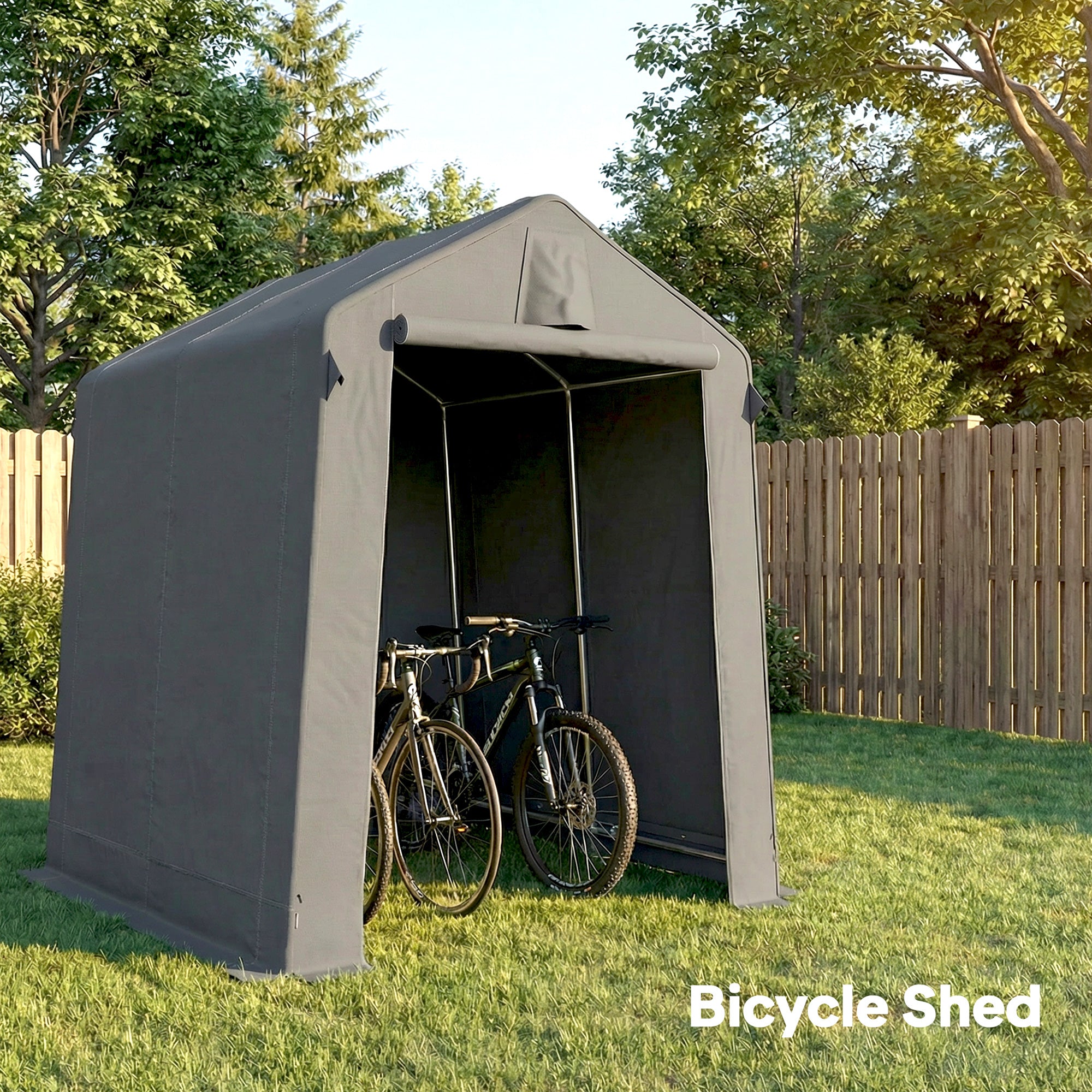 7.5' x 6.2' Portable Shed, Waterproof Bike Tent with Roll-up Zipper Door, Vent and Galvanised Metal Frame, Dark Grey