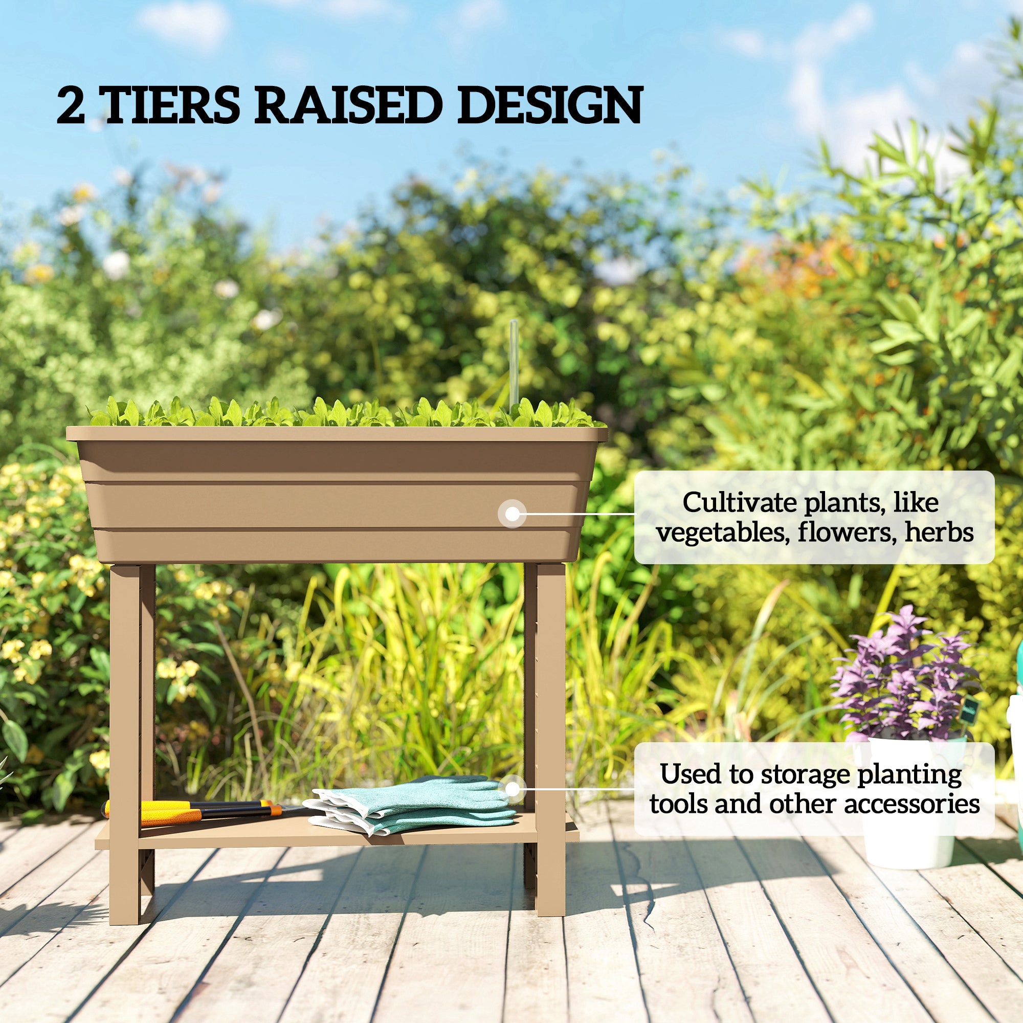 41L Self Watering Raised Garden Bed w/ Ventilation Transparent Lid Greenhouse, Planter Box w/ Storage Shelf, Brown