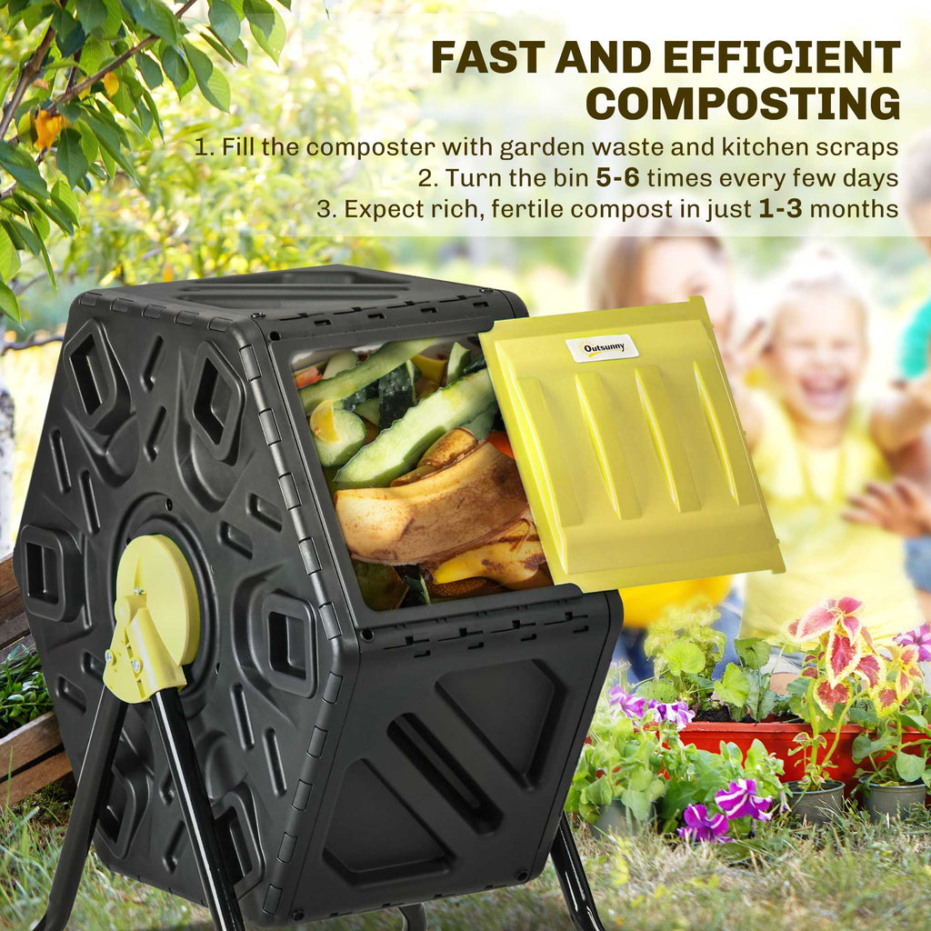 Rotating Composter, Compost Bin with 24 Vents and Steel Legs, 17 Gallon, Yellow