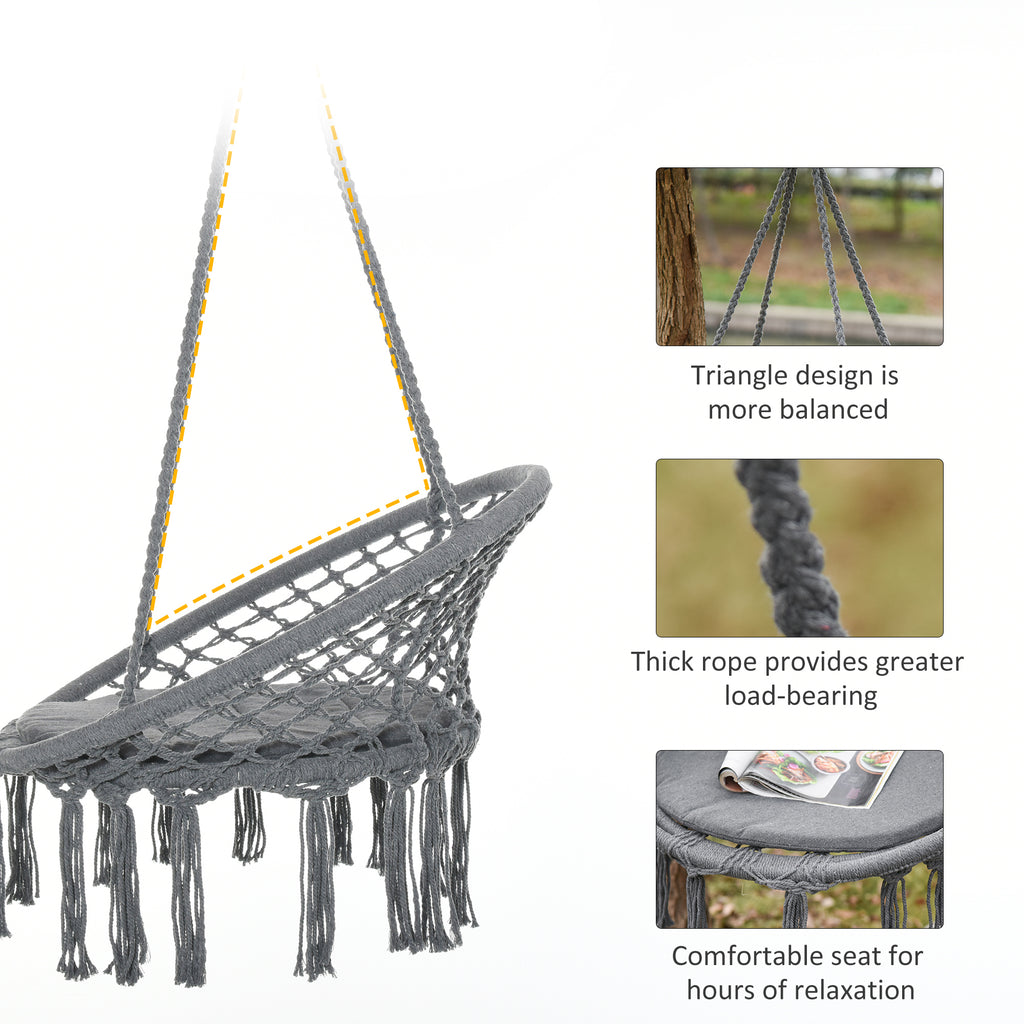 Patio Hammock Chair, Hanging Rope Hammock Swing for Indoor & Outdoor Use with Backrest, Cotton-Polyester Blend, Fringe Tassels, Dark Grey