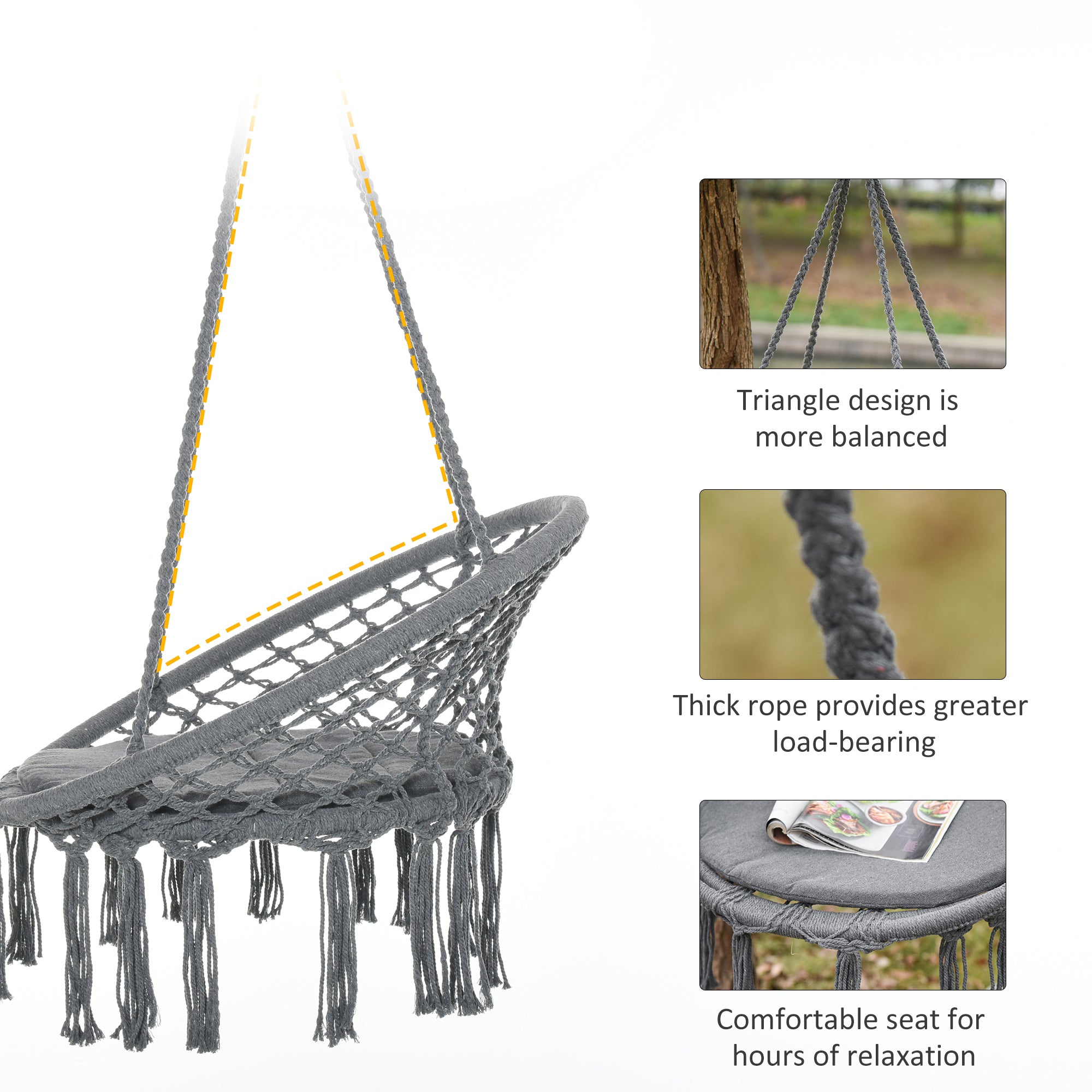 Patio Hammock Chair, Hanging Rope Hammock Swing for Indoor & Outdoor Use with Backrest, Cotton-Polyester Blend, Fringe Tassels, Dark Grey