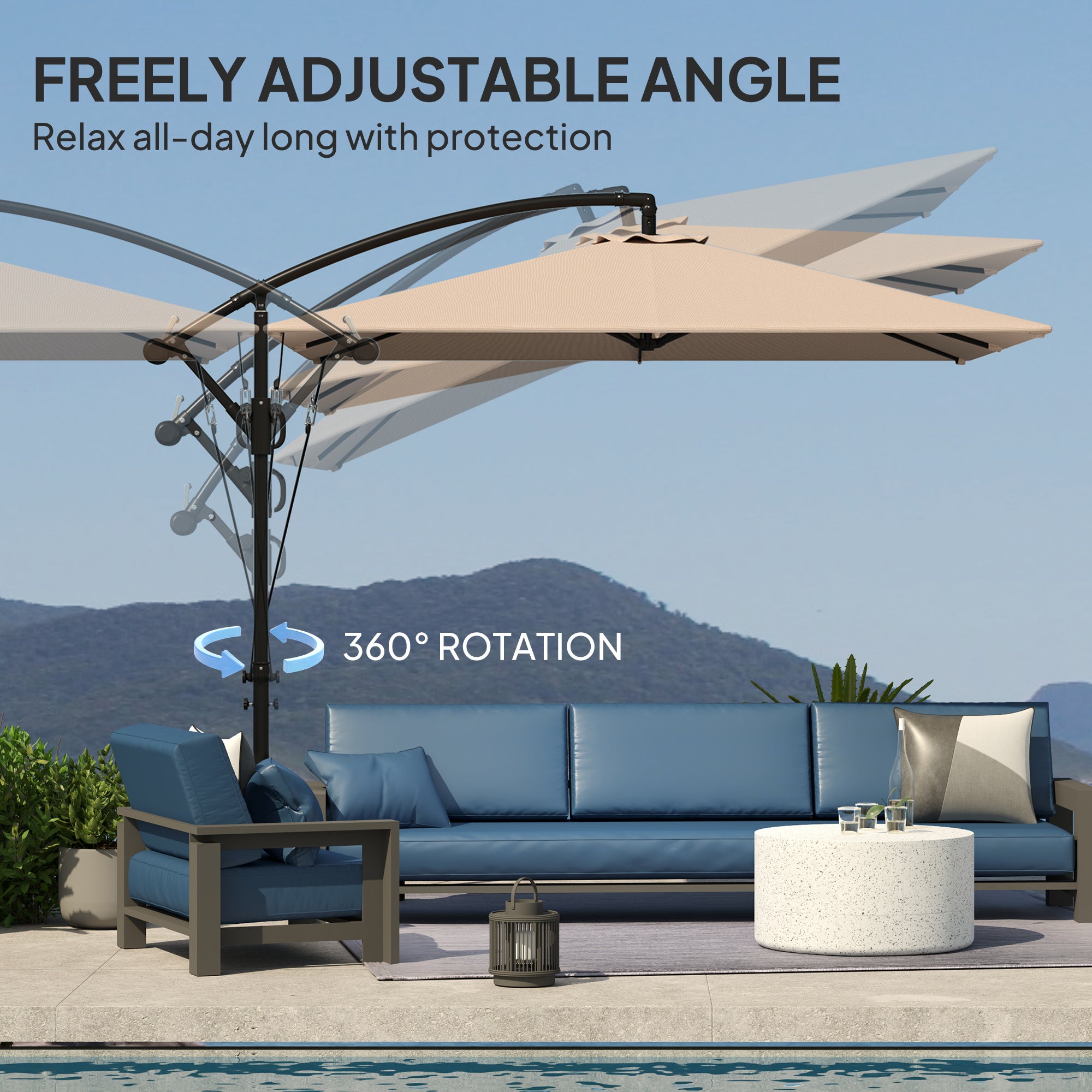 Patio Offset Umbrella UPF 50+ UV Protection, Crank Parasol with Base, Cover & Wind Securing, Khaki