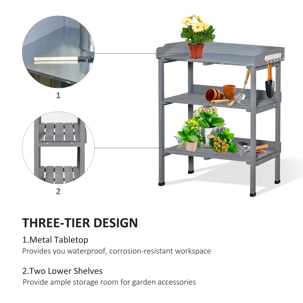 Outdoor Garden Wooden Potting Bench Work Station Table Tool Storage Shelf w/ Hooks, Grey