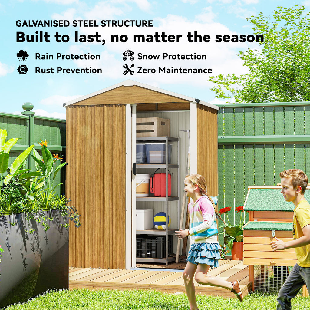 4.5 x 3ft Outdoor Storage Shed, Waterproof Metal Garden Shed with Lockable Door for Backyard, Patio, Lawn, Wood Grain