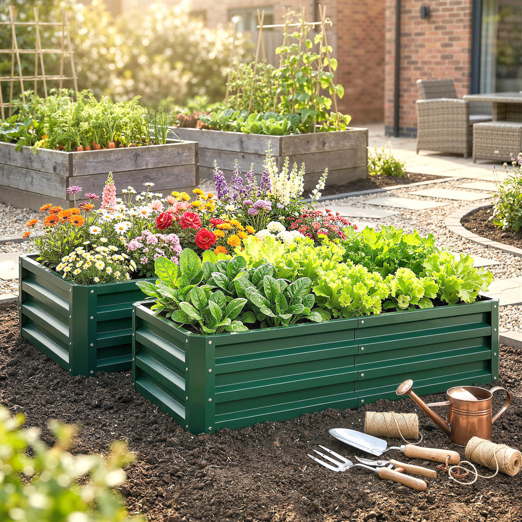 4' x 2' x 1' Raised Garden Bed, Set of 2 Galvanized Planter Box for Vegetables, Flowers, Herbs, Green