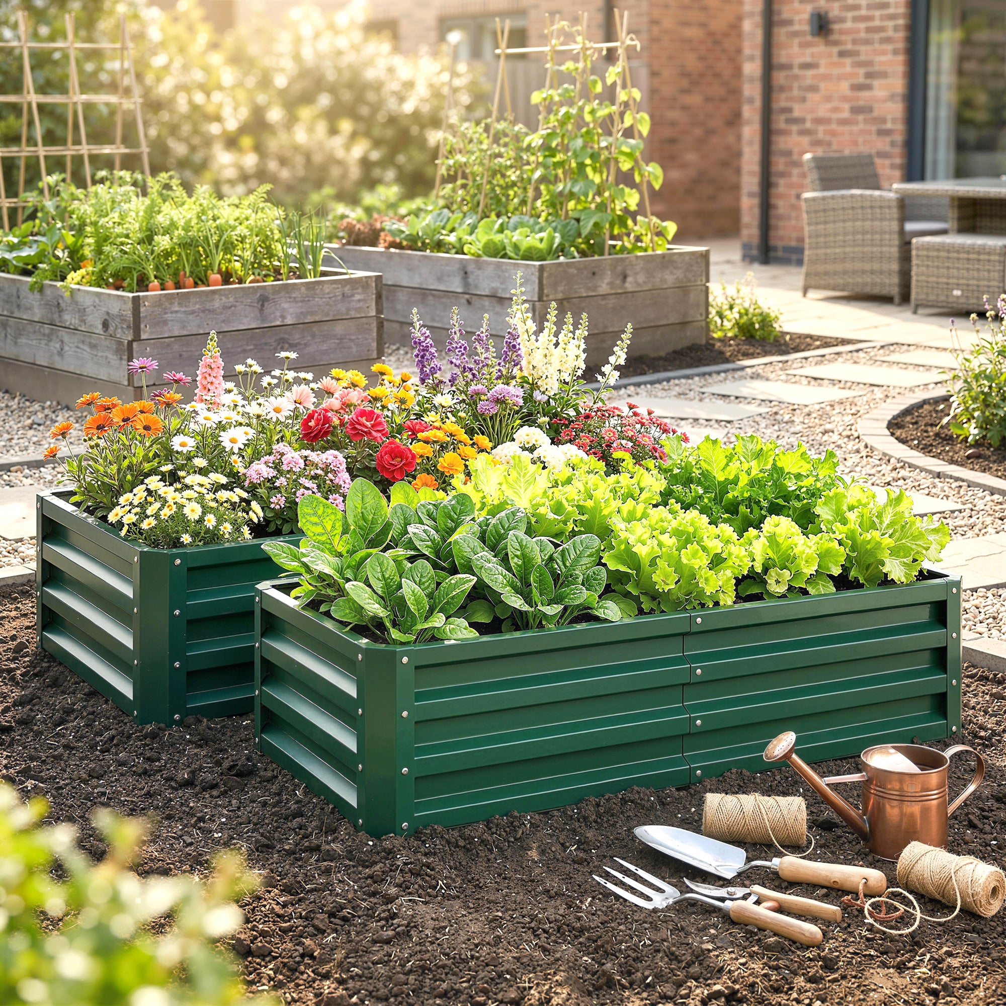 4' x 2' x 1' Raised Garden Bed, Set of 2 Galvanized Planter Box for Vegetables, Flowers, Herbs, Green
