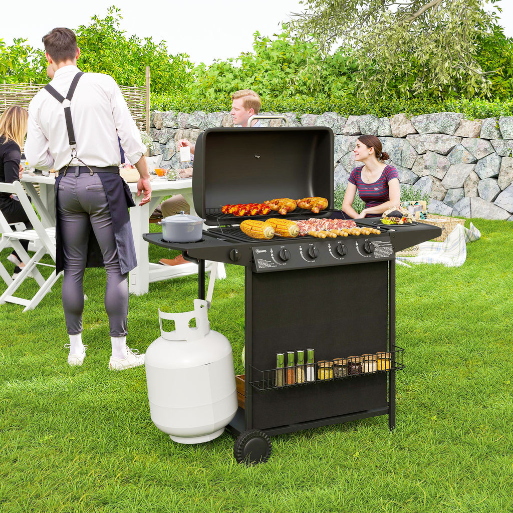 4+1 Burner Propane Gas BBQ Grill, Portable Gas Barbecue Grill with Side Burner, Thermometer, Lid, Side Table, Shelf, Spice Rack, Wheels, Grease Cup for Garden, Black