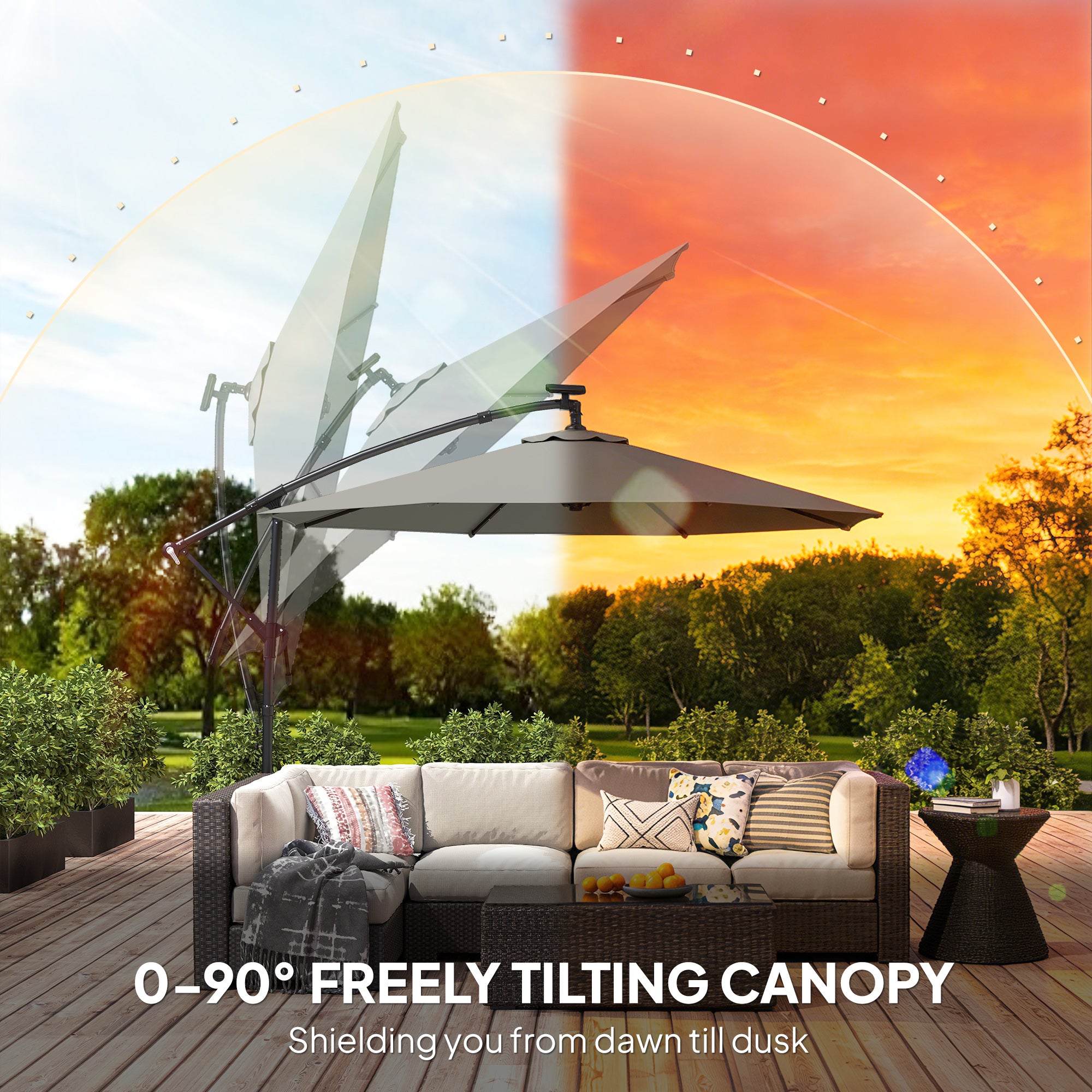 9.7 ft Cantilever Patio Umbrella with Solar Light, Garden Hanging Parasol with Cover, Tilt, Crank, Grey