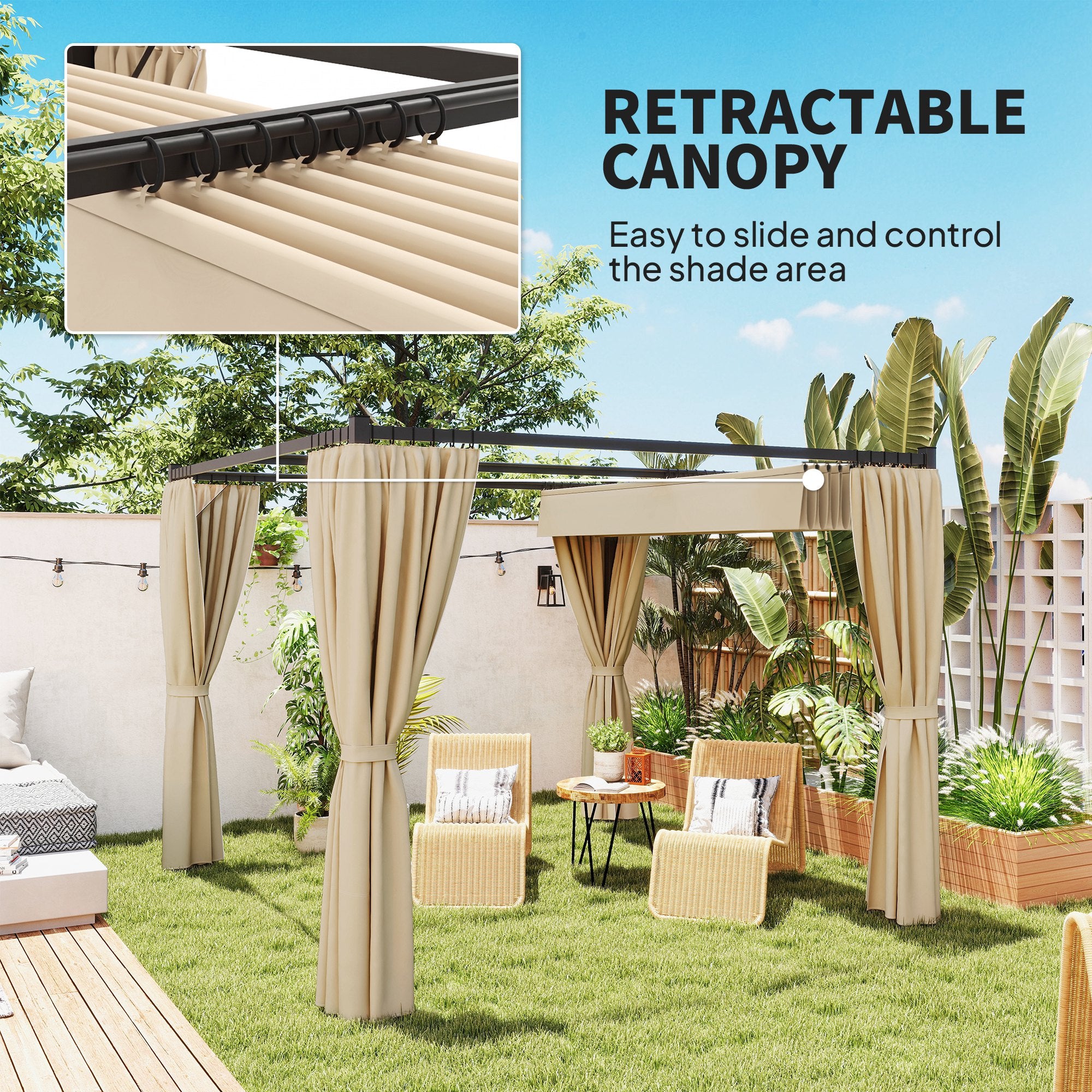 10' x 10' Retractable Pergola Canopy with Sidewalls, Metal Outdoor Gazebo Sun Shade Shelter, Beige