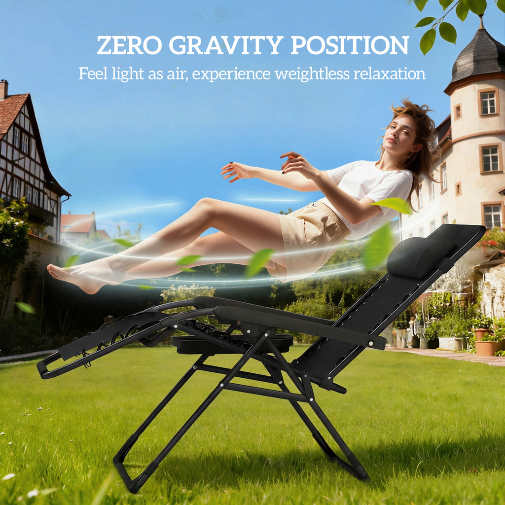 Zero Gravity Chair Set of 2, Folding Reclining Outdoor Lounge Chair with Cup Holder, Headrest, Black