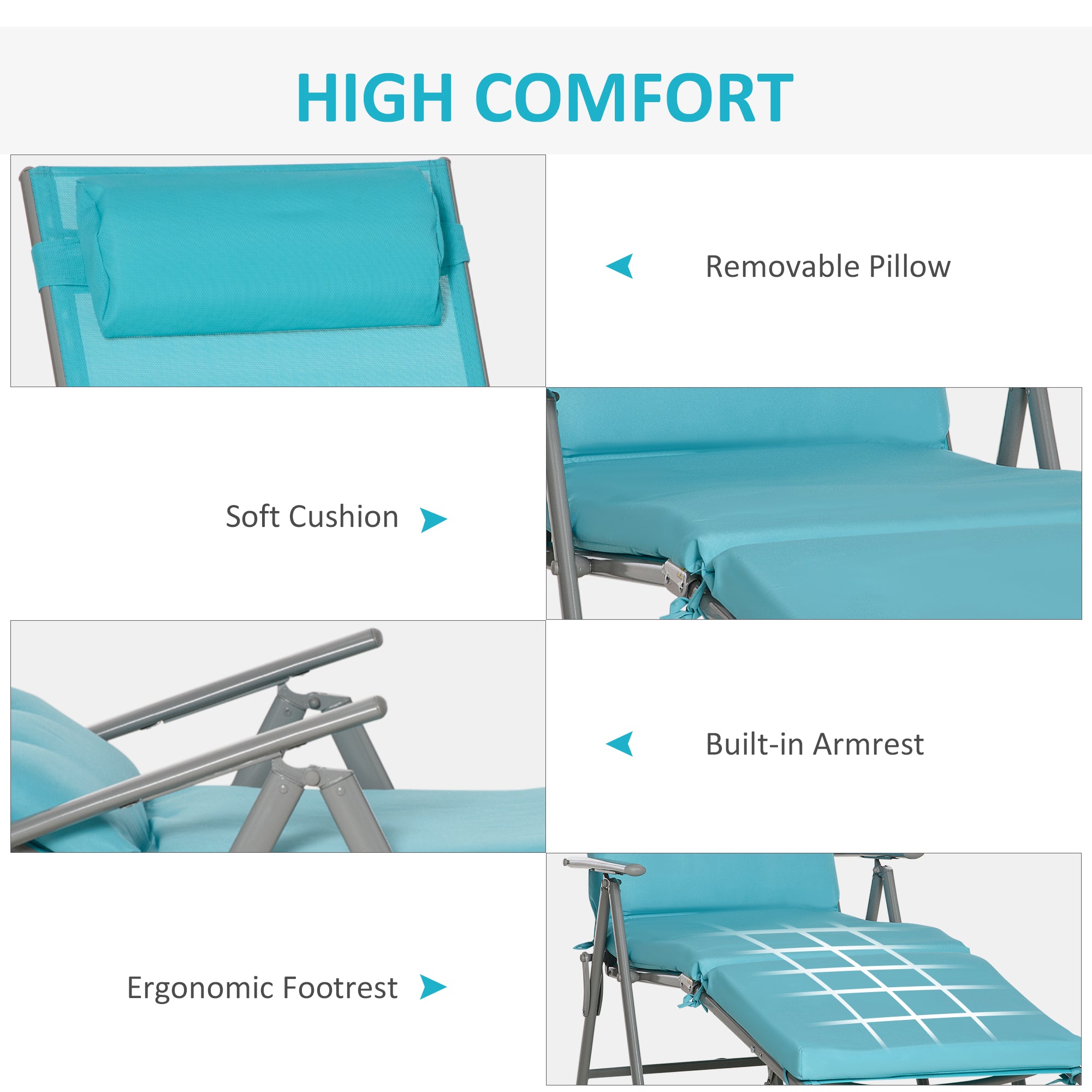Lounge Chair Outdoor, Folding Patio Chaise Lounger, 360 lbs 7-Position Adjustable Back Outdoor Recliner with Cushion, Headrest for Garden, Backyard, Poolside, Blue