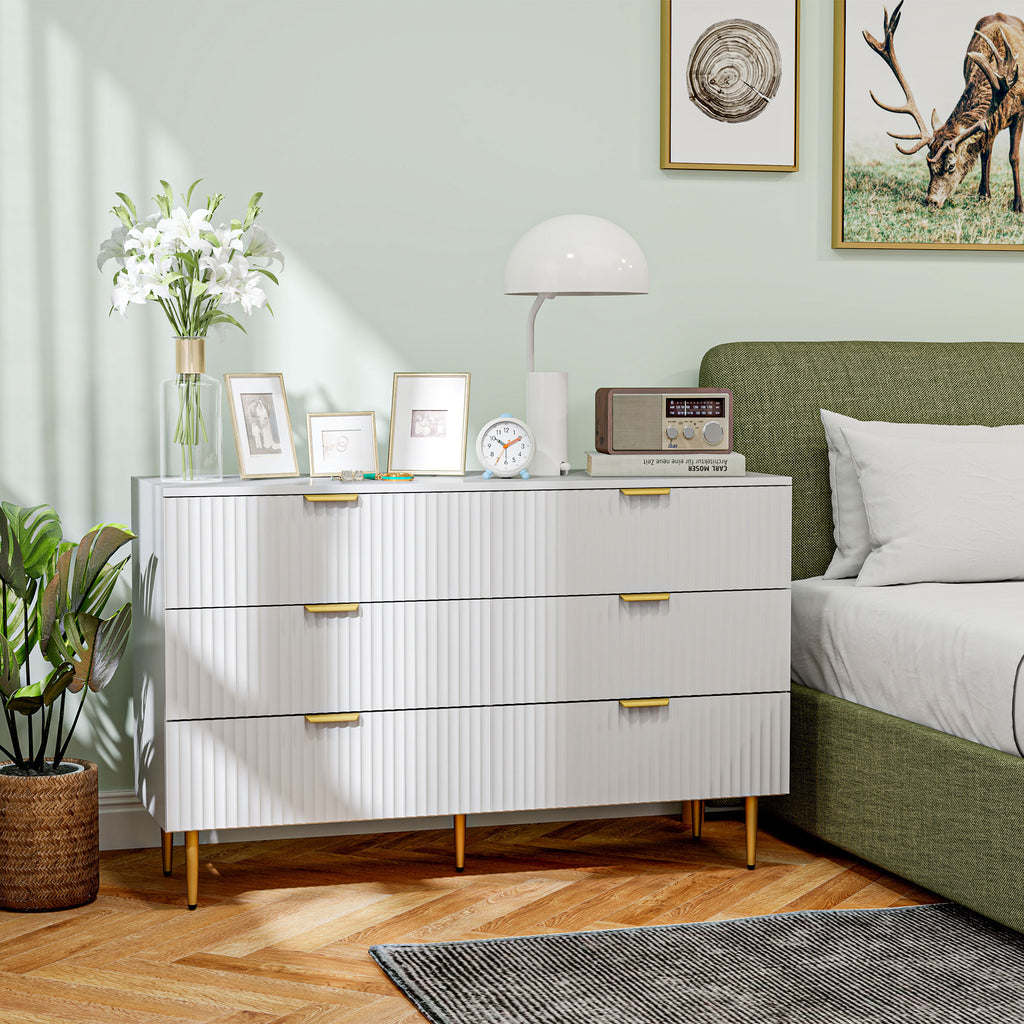 Modern Chest of Drawers 6 Drawer Dresser for Bedroom with Gold Legs and Handles, White