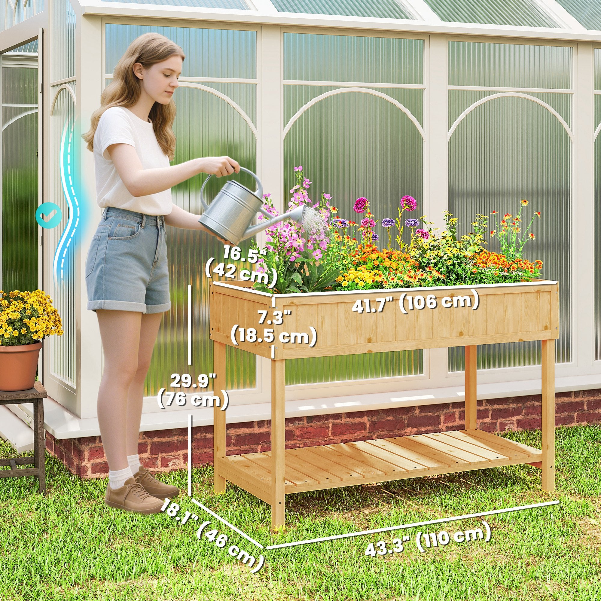 43.25" x 18" x 30" Raised Garden Bed, Wooden Plant Stand with 8 Grid Box, Storage Shelf for Outdoor, Natural Wood Colour