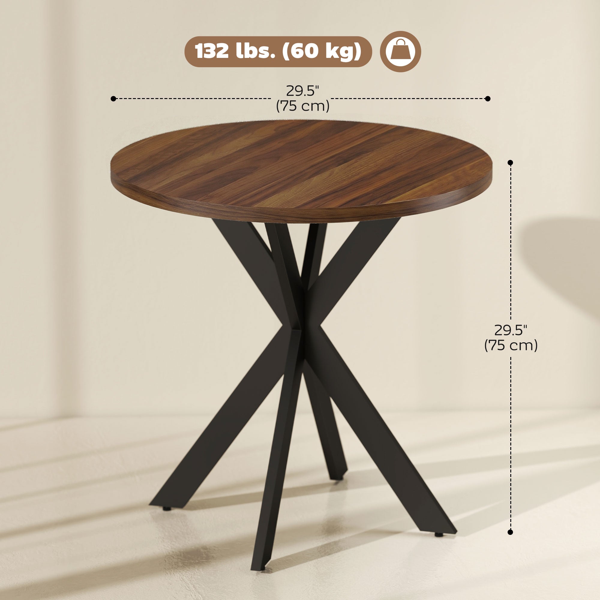 29" Dining Table, Contemporary Round Kitchen Table with Steel Legs, Walnut