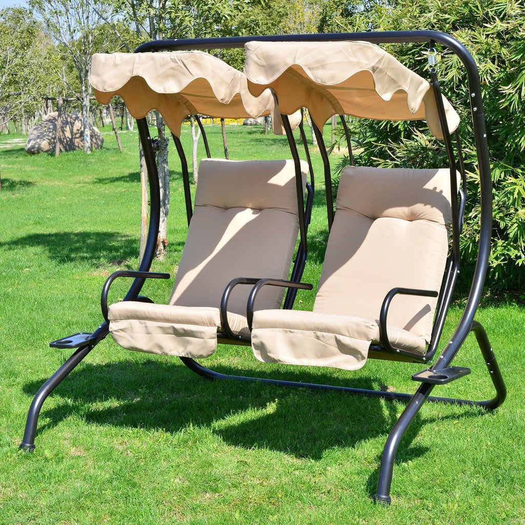 Luxury Porch Swing Metal Outdoor Swing Chair 2 Separated Seater Hammock Heavy-Duty with Canopy and Cushions, Beige