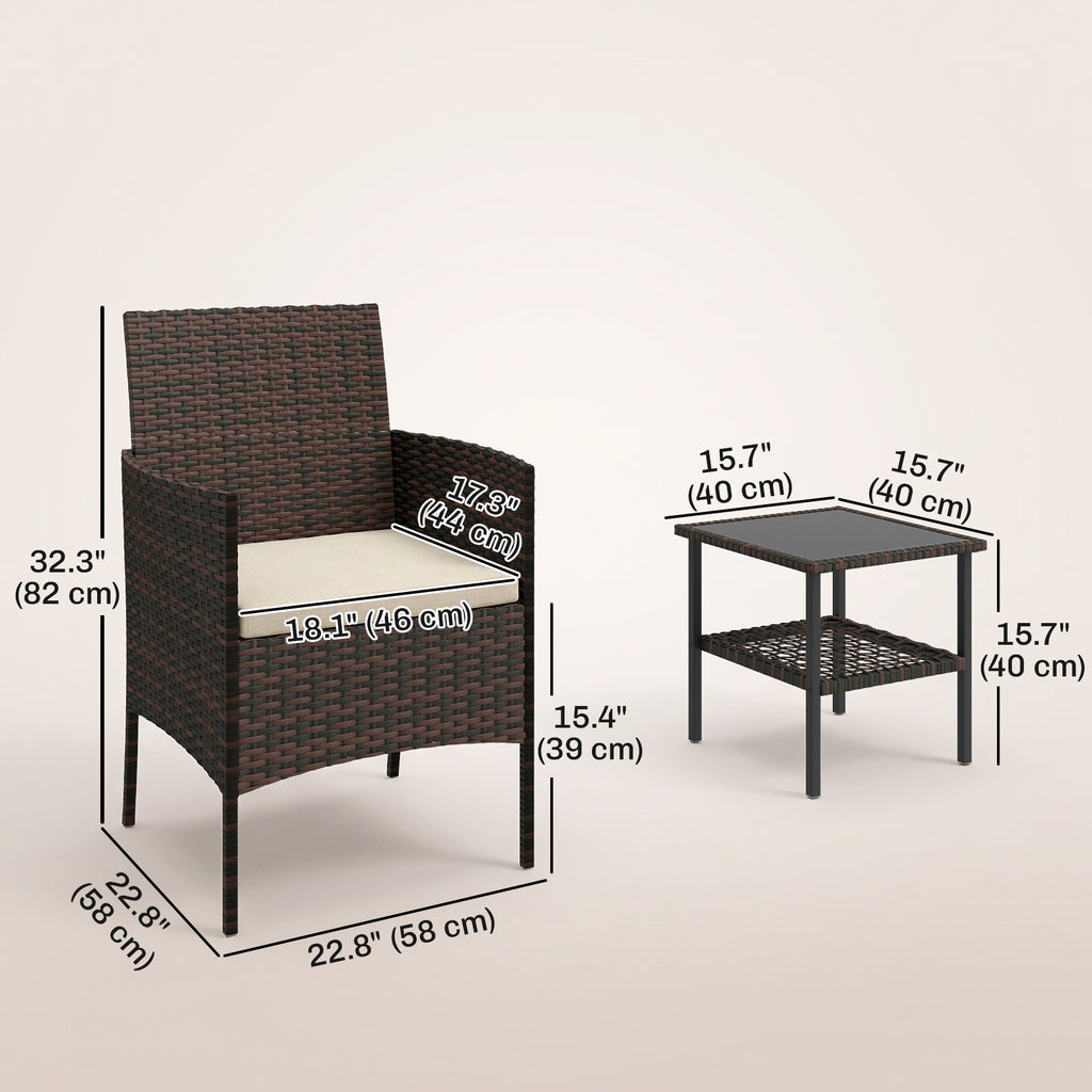 Wicker Bistro Set, 3 Piece Patio Furniture Set with 2-Tier Glass Top Table, Cushions for Balcony, Porch, Khaki