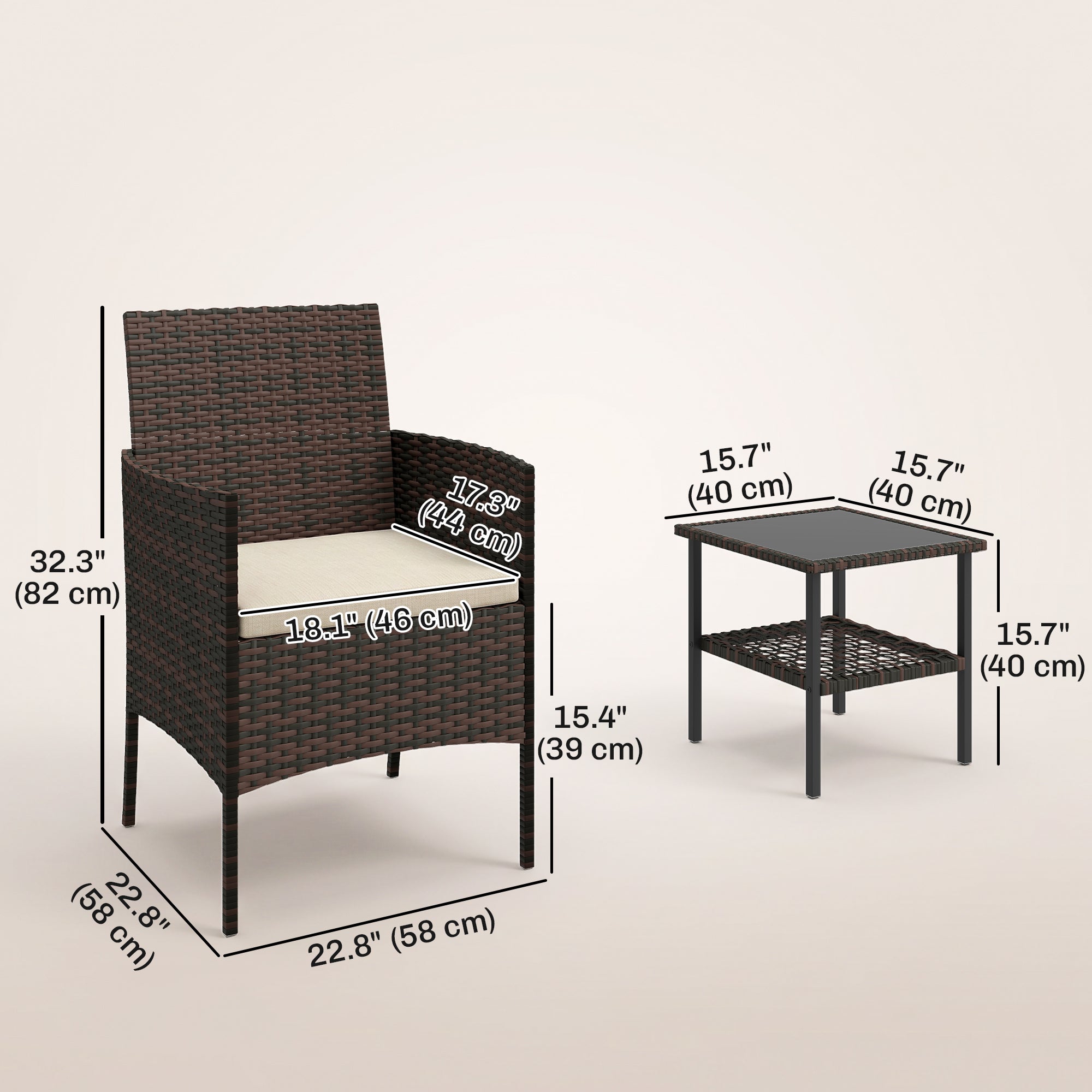 Wicker Bistro Set, 3 Piece Patio Furniture Set with 2-Tier Glass Top Table, Cushions for Balcony, Porch, Khaki