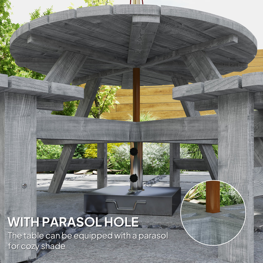 8 Seater Round Wooden Pub Bench & Picnic Table, Patio Dining Set for Outdoor Patio (Umbrella Not Included)