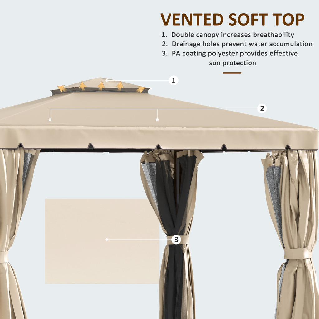 10' x 10' Deck Gazebo with Curtains & Mesh Screen Drapes, Double Roof Canopy Polyester Shade for Backyard Garden, Khaki