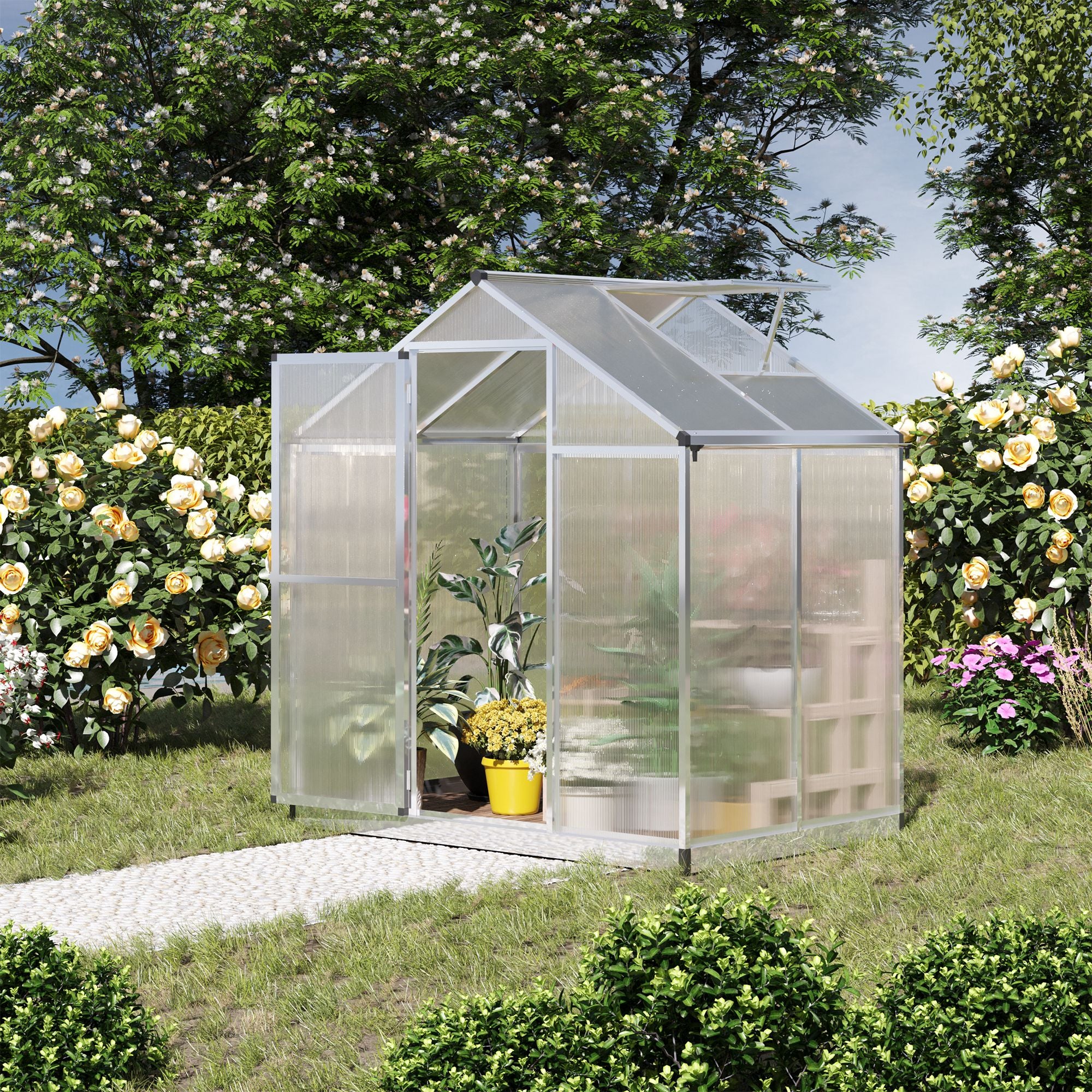 4' x 6.2' x 6.4' Walk-in Garden Greenhouse, Polycarbonate Panels Plants Flower Growth Shed, Cold Aluminum Frame Outdoor Portable Warm House