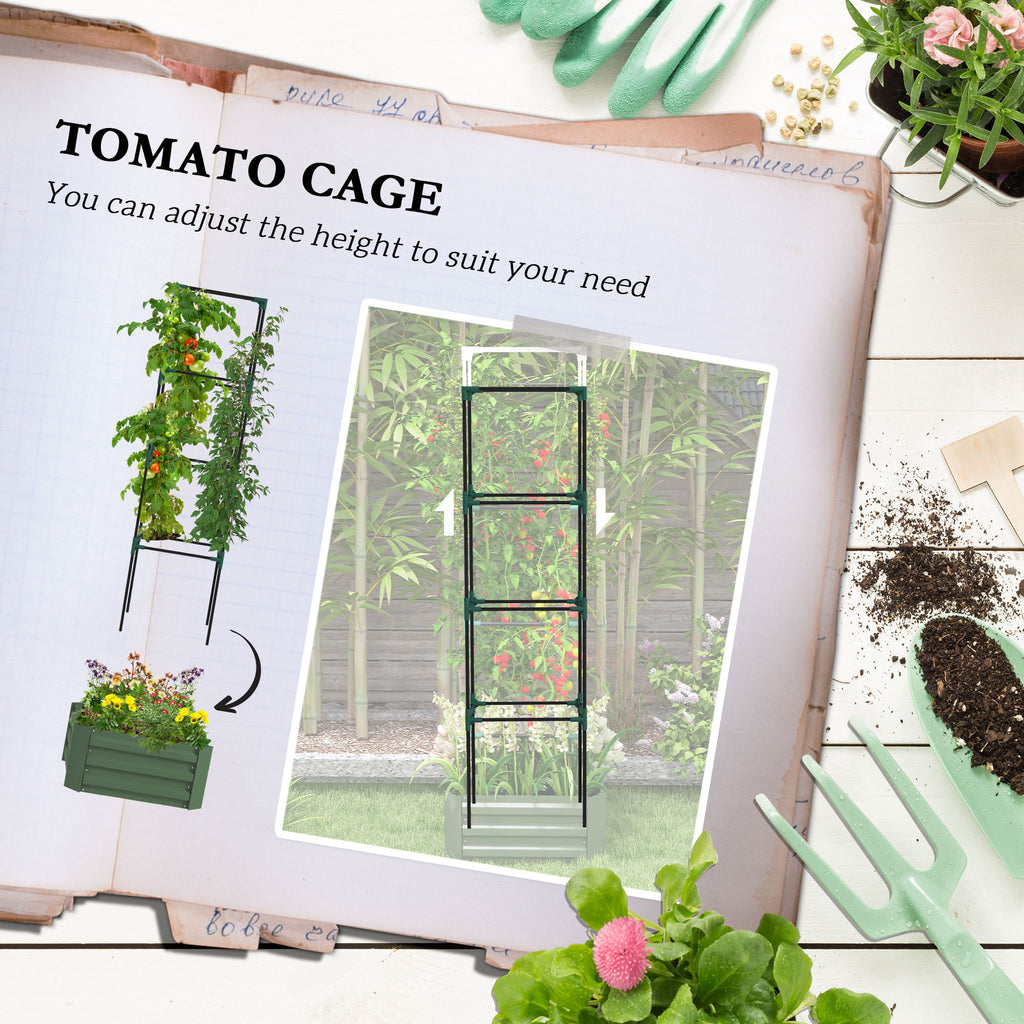 Galvanized Planter Box, Outdoor Raised Garden Bed with 4-Tier Trellis Tomato Cage for Climbing Vines, Vegetables, Green