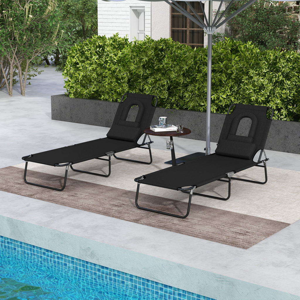 Folding Lounge Chair Set of 2, Reclining Beach Tanning Chair with Face Hole, Pillow, 4-Position Adjustable Flat Sun Lounger, Steel Frame for Outdoor Patio Pool, Black