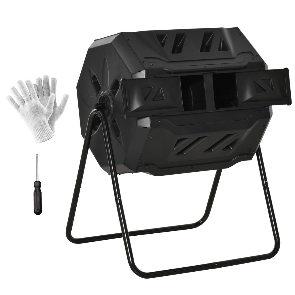 43 Gallon (160L) Tumbling Compost Bin Outdoor Dual Chamber 360Â° Rotating Composter with Sliding Doors, Solid Steel Frame and Gloves, Black