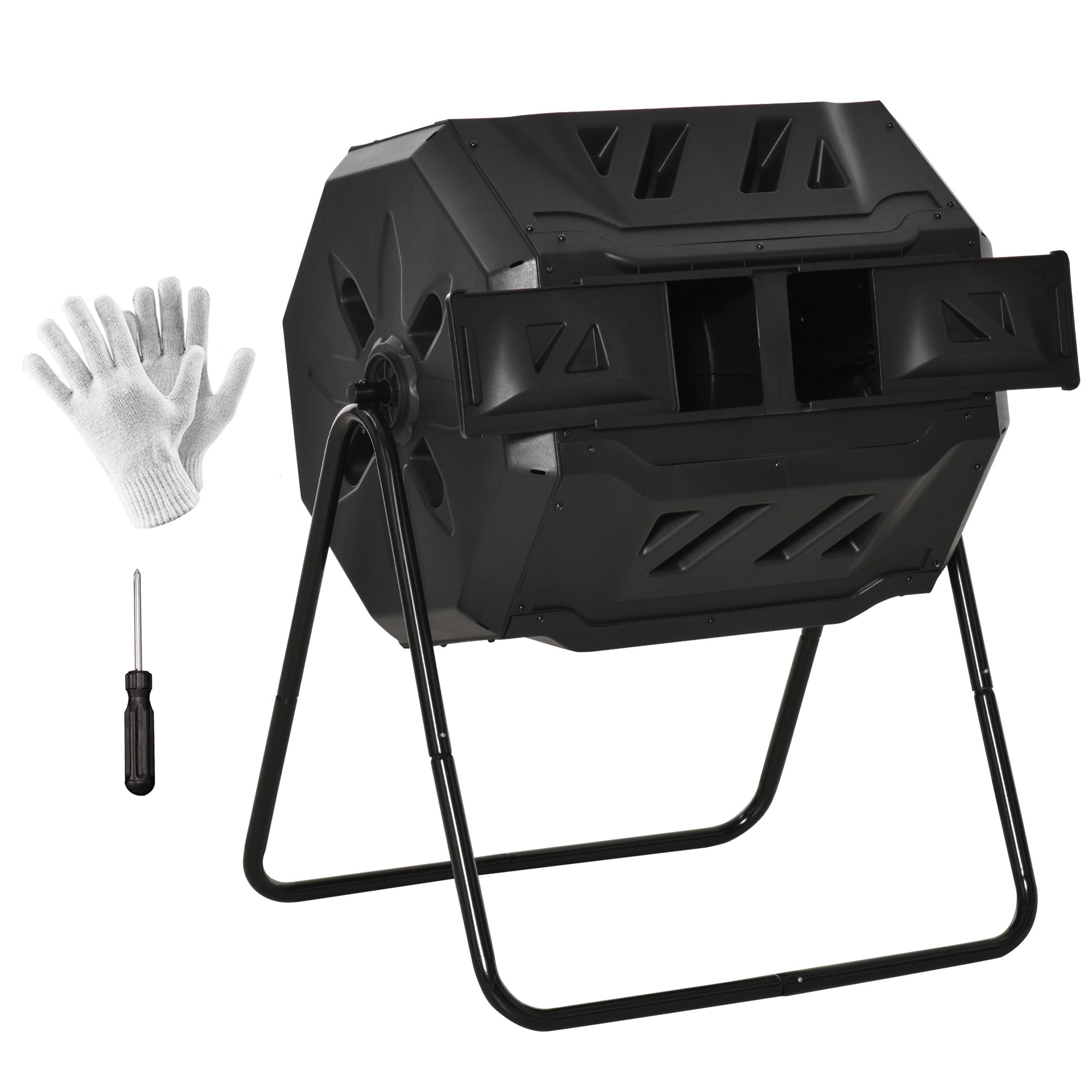 43 Gallon (160L) Tumbling Compost Bin Outdoor Dual Chamber 360Â° Rotating Composter with Sliding Doors, Solid Steel Frame and Gloves, Black