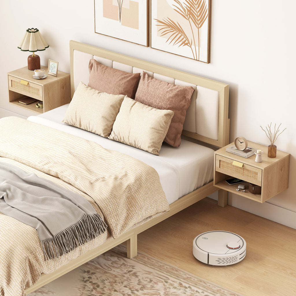 Floating Bedside Table Set of 2, Wall Mount Nordic Nightstands with Storage Drawer and Open Shelf for Bedroom, Oak