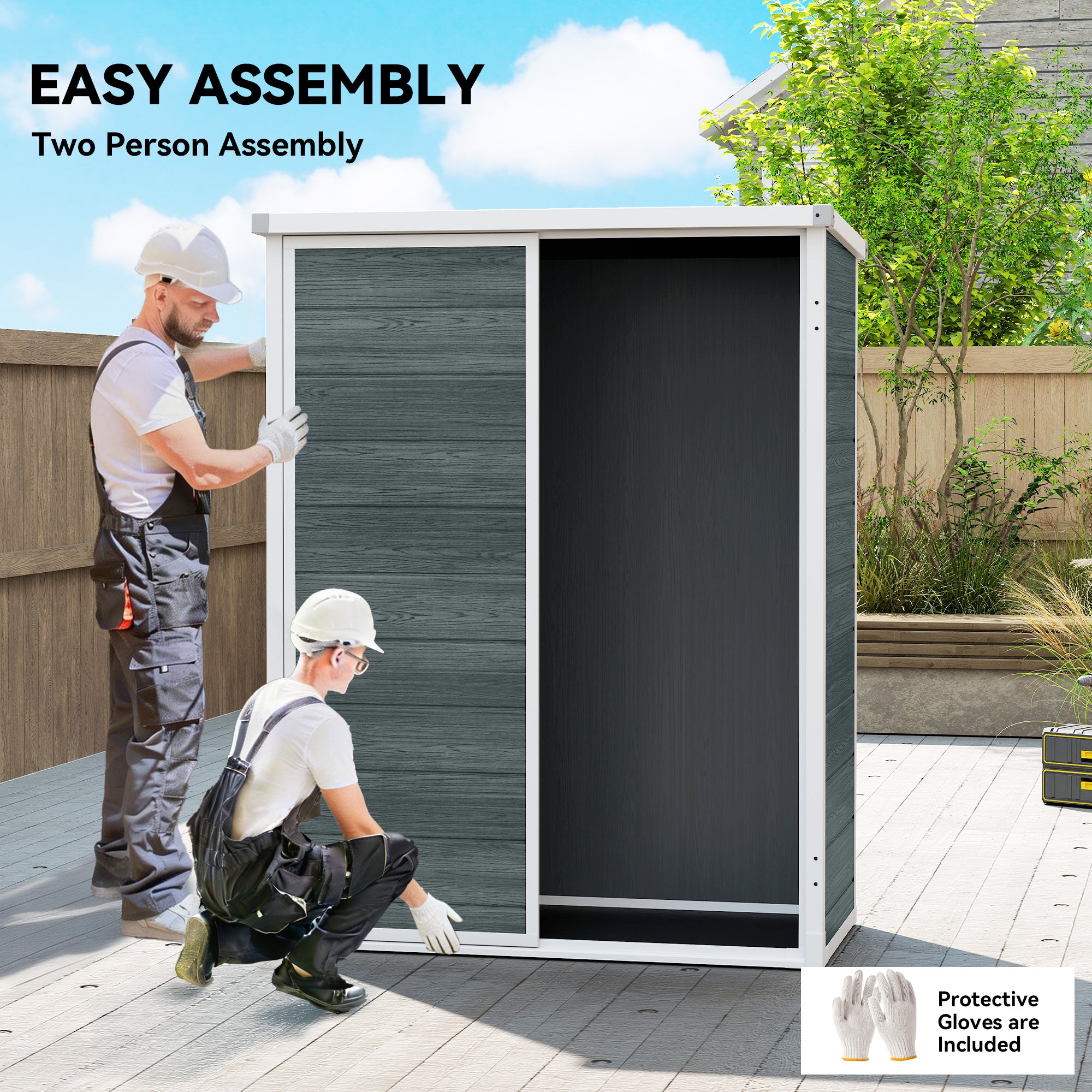 Outdoor 4.4' x 2.3' Plastic Storage Shed with Lockable Doors and Foldable Shelves, Wood-Effect Garden Shed, Grey
