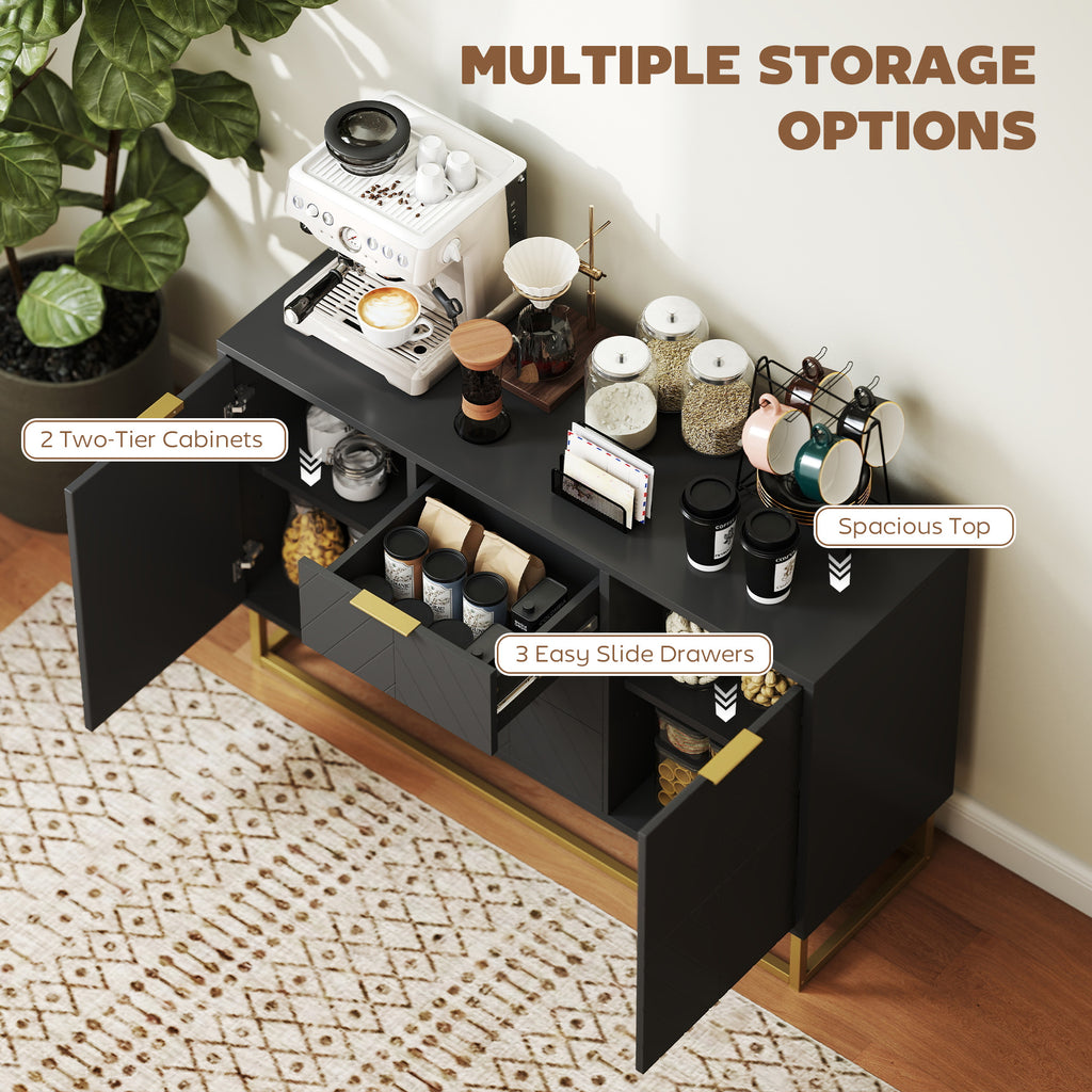 Sideboard Storage Cabinet with 3 Drawers, Adjustable Shelves and Doors, Kitchen Buffet Cabinet for Dining Room, Black