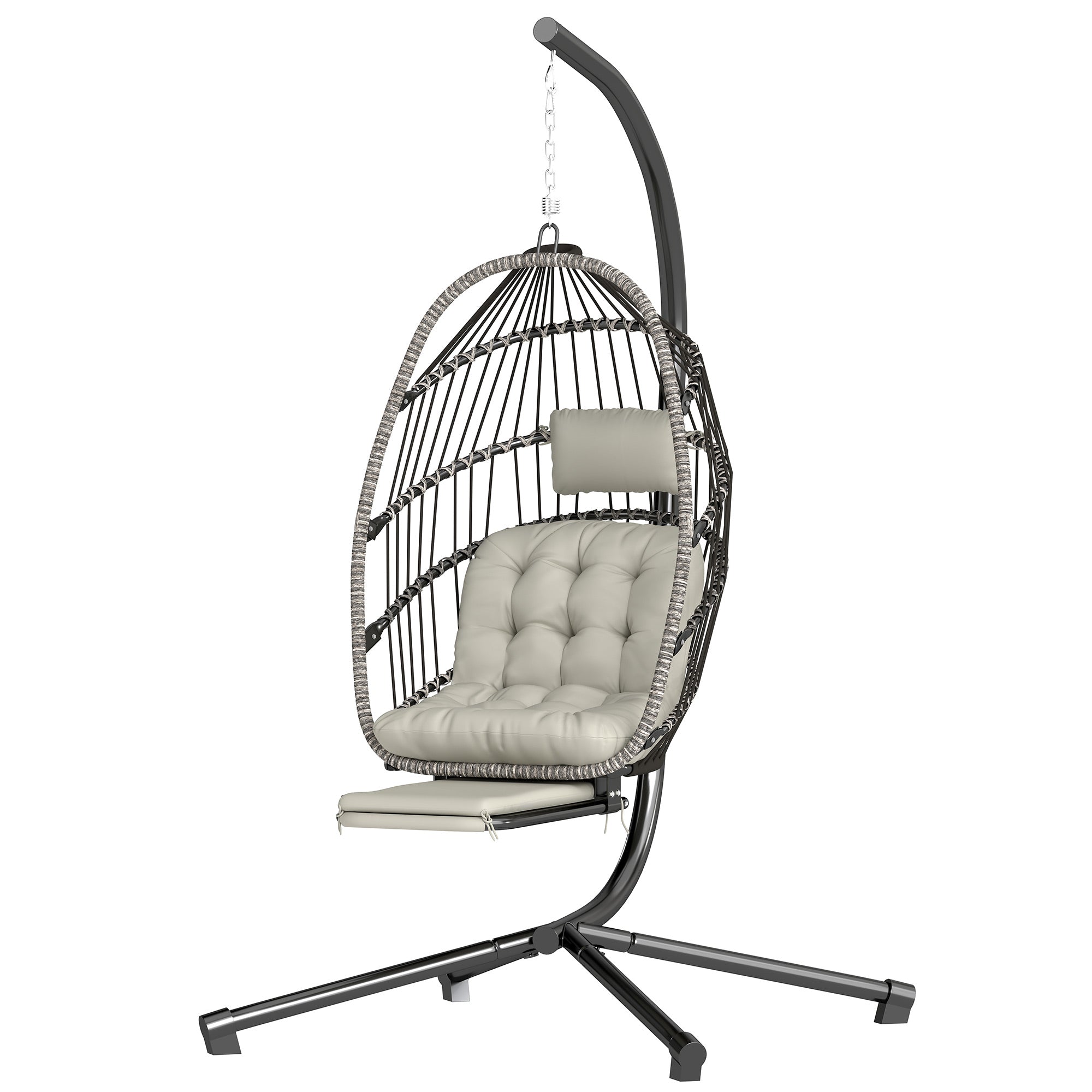 Outdoor Hanging Egg Chair with Retractable Footrest Swing Chair with Metal Stand Light Grey