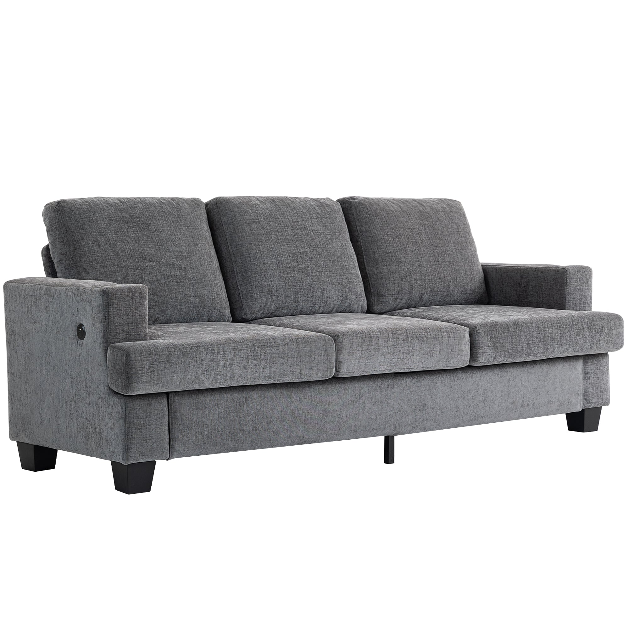 3 Seater Sofa with USB Ports & Cup Holders, Chenille-Feel Upholstered Couch for Living Room, Grey