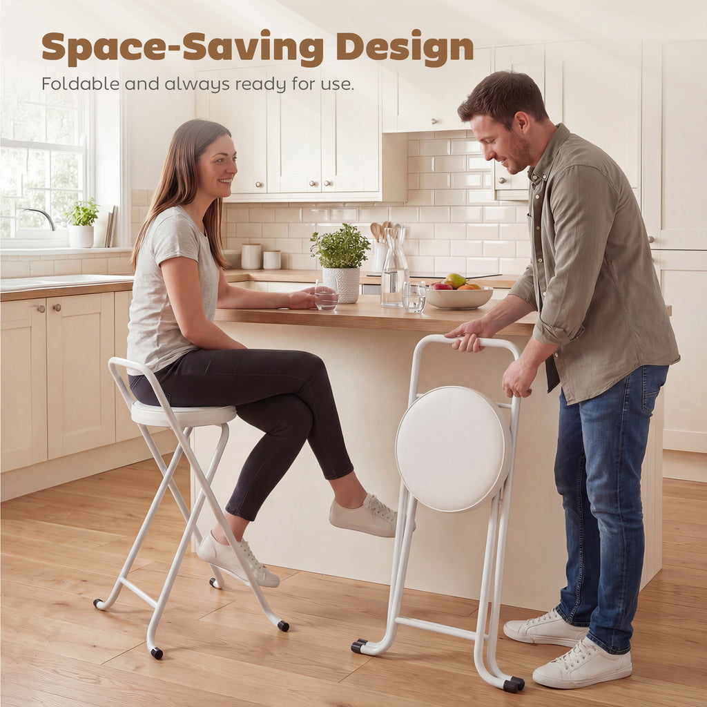 Foldable Bar Stools Set of 2, Folding Kitchen Chairs with PU Cushioned Seat, Footrest, White