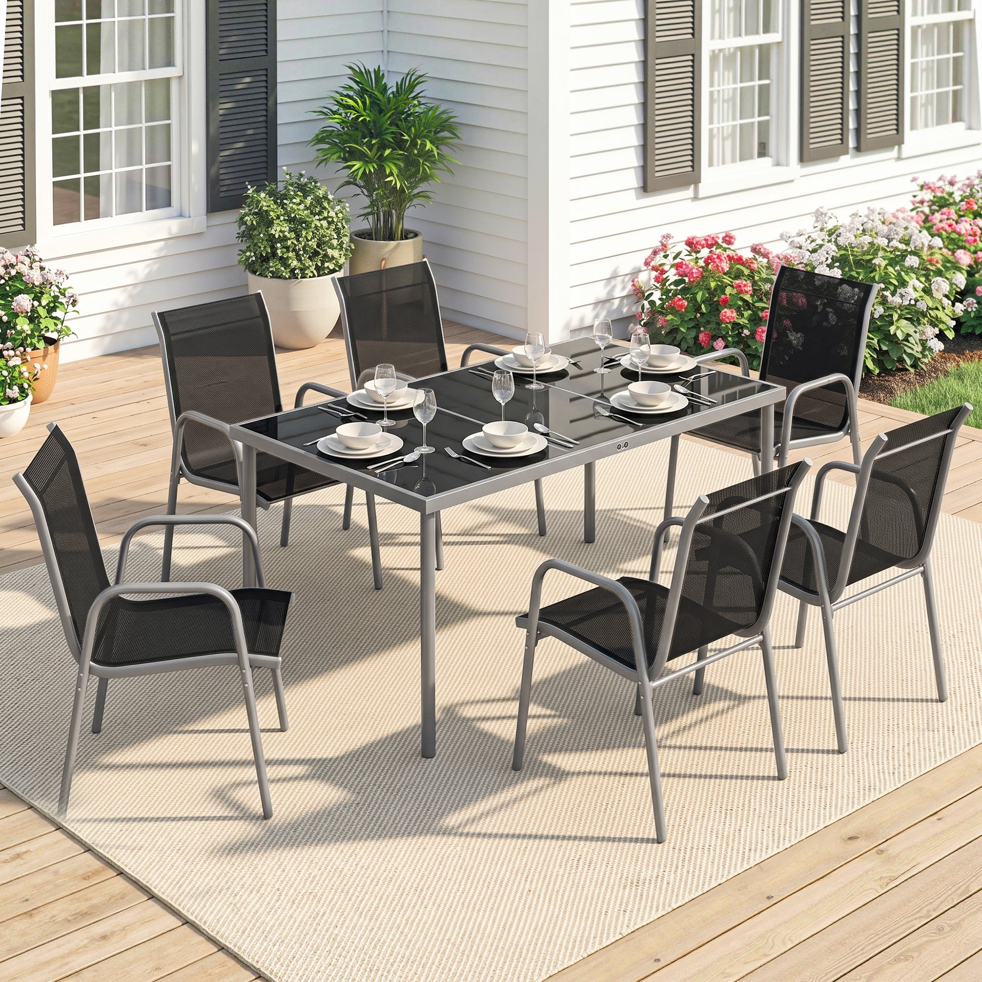 7 Piece Garden Dining Set, Garden Furniture Set with Rectangle Table and 6 Stackable Chairs