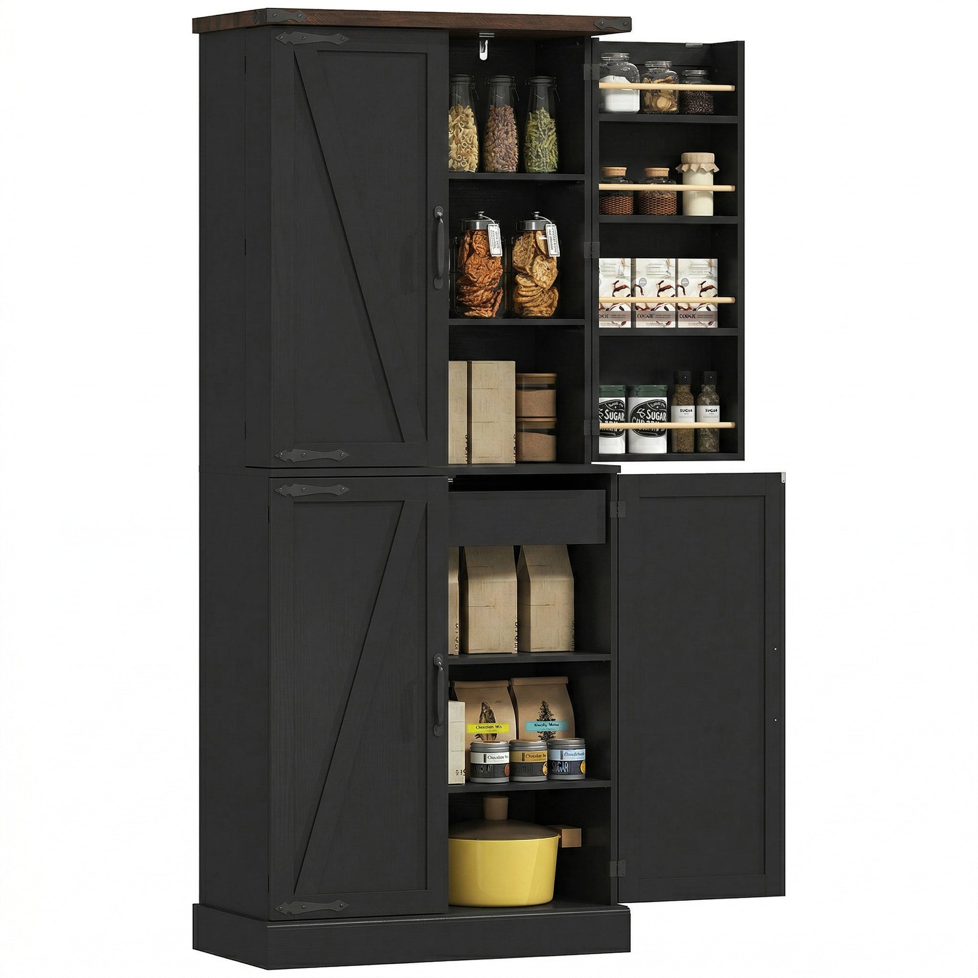 72" Tall Kitchen Pantry Cabinet, Farmhouse Storage Cabinet with 8 Door Racks and Adjustable Shelves, Black