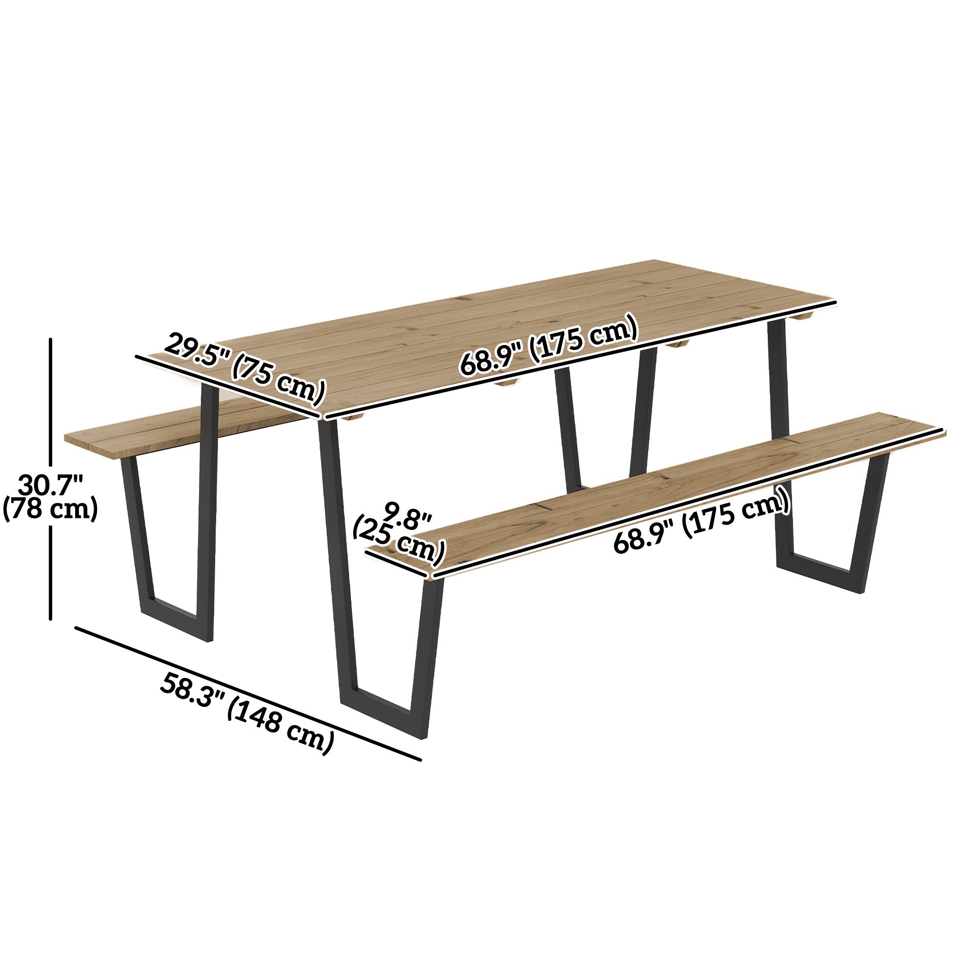 5.7 FT Outdoor Picnic Table with 2" Umbrella Hole, Spruce Wood Dining Table and 795 LBS Benches with Steel Frame, Brown